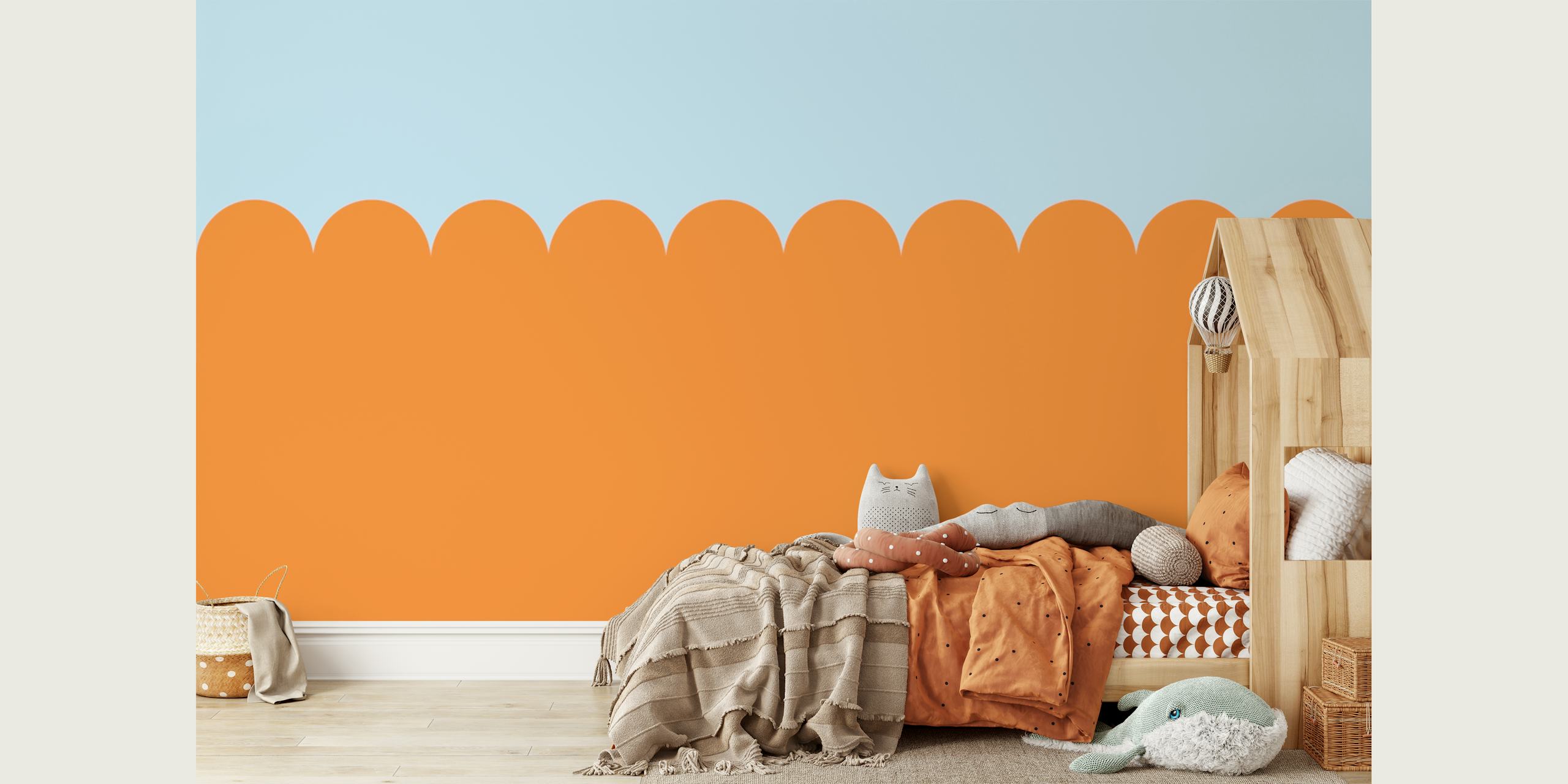 Orange ornaments on blue tapetti huoneessa