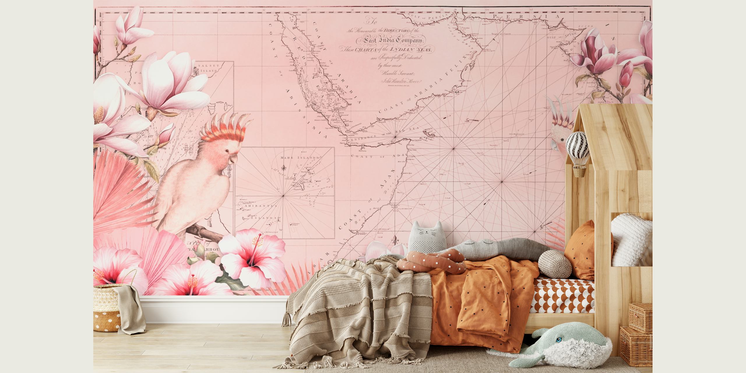 Cockatoos Tropical Journey Floral Map Pink wallpaper