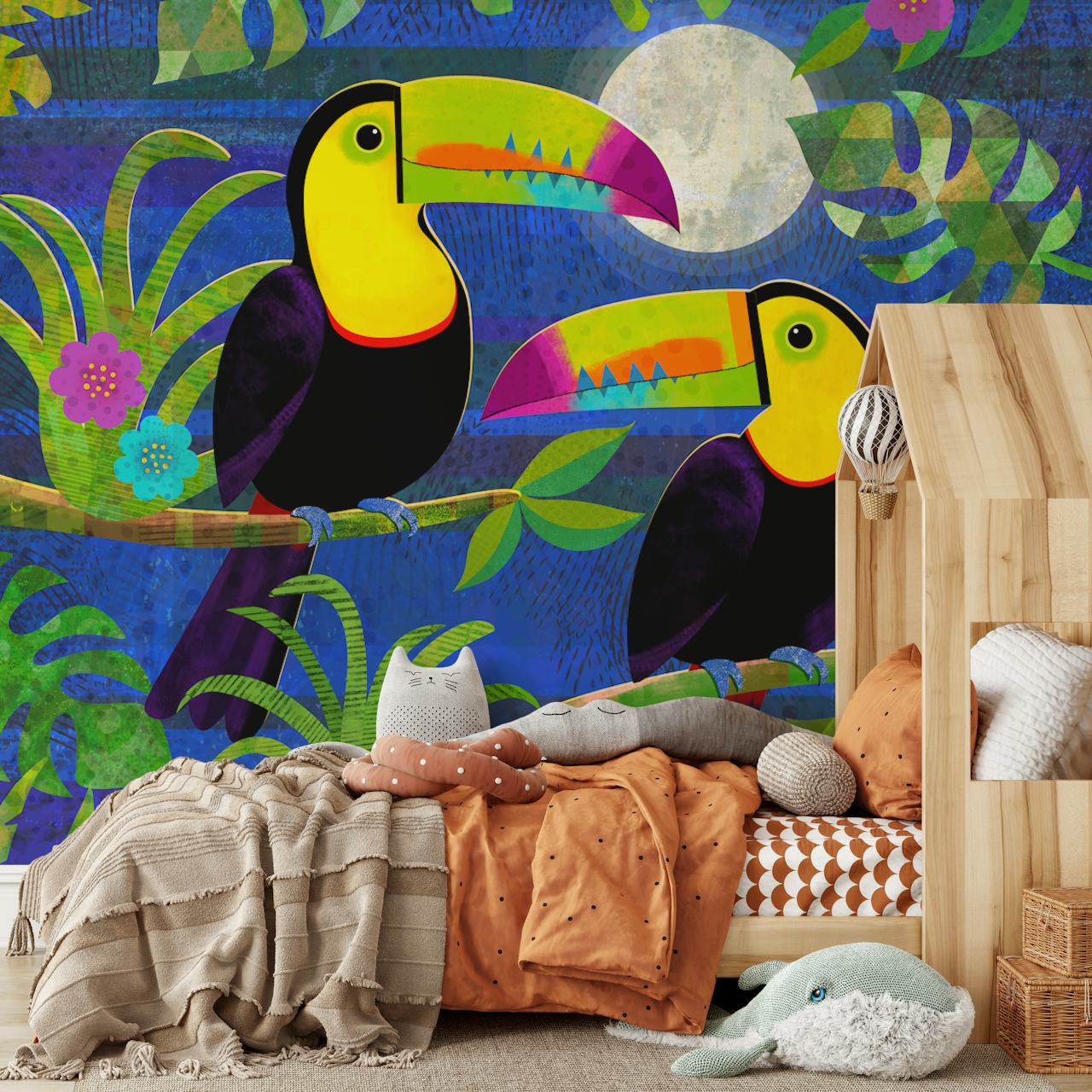 Toucans in the moonlight jungle mural