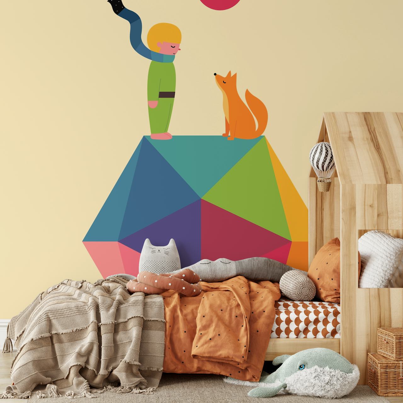 Whimsical wallpaper featuring a child and a fox