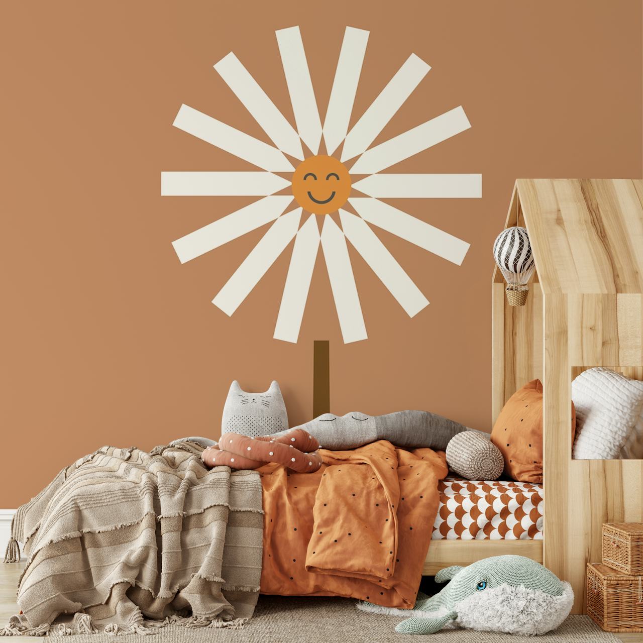 Happy Daisy boho brown papel tapiz en una habitación