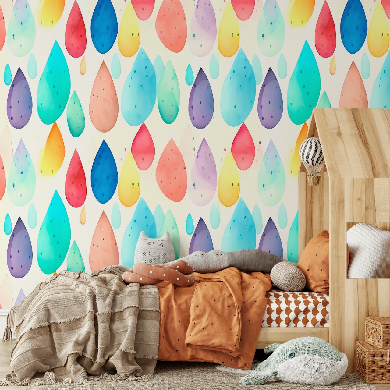 Colorful watercolor drops in blue, pink, and green pattern wallpaper