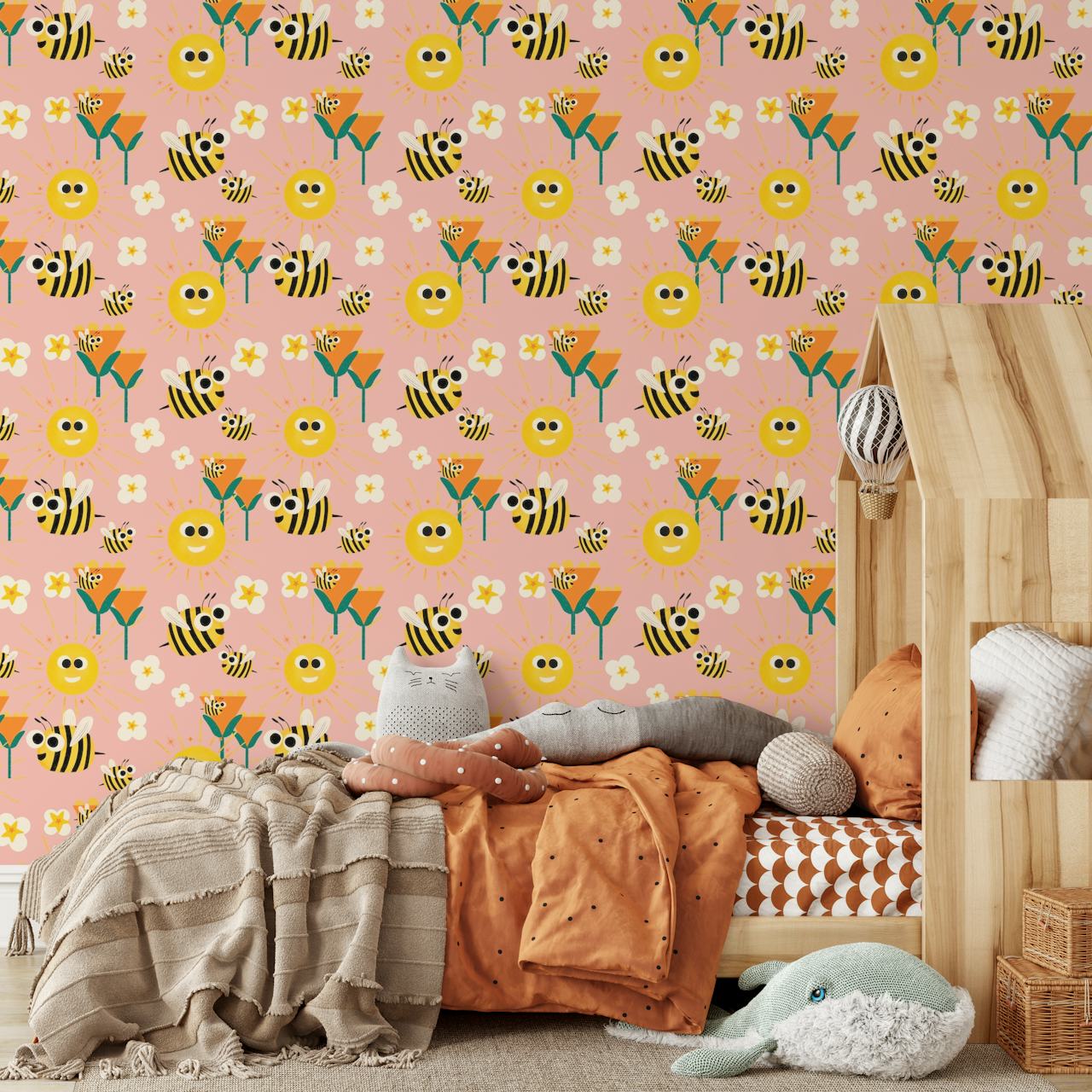 Happy bees and sunshine pink tapettimuotoilu