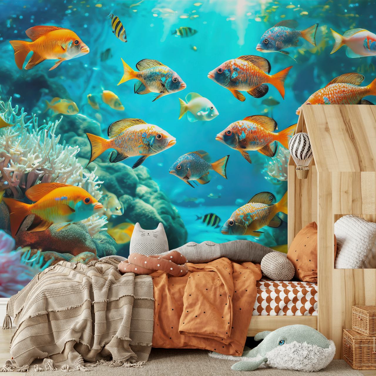 Colorful fish swimming in coral reef with blue background wallpaper
