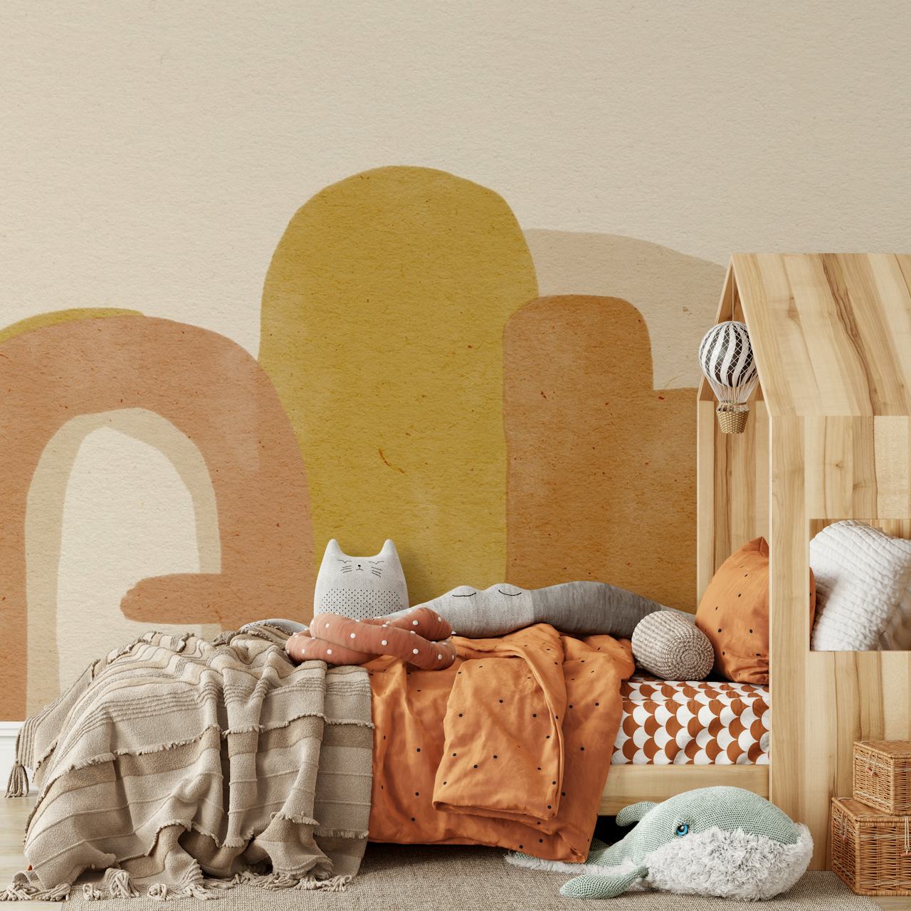 Playful abstract boho kids mural i et børneværelse