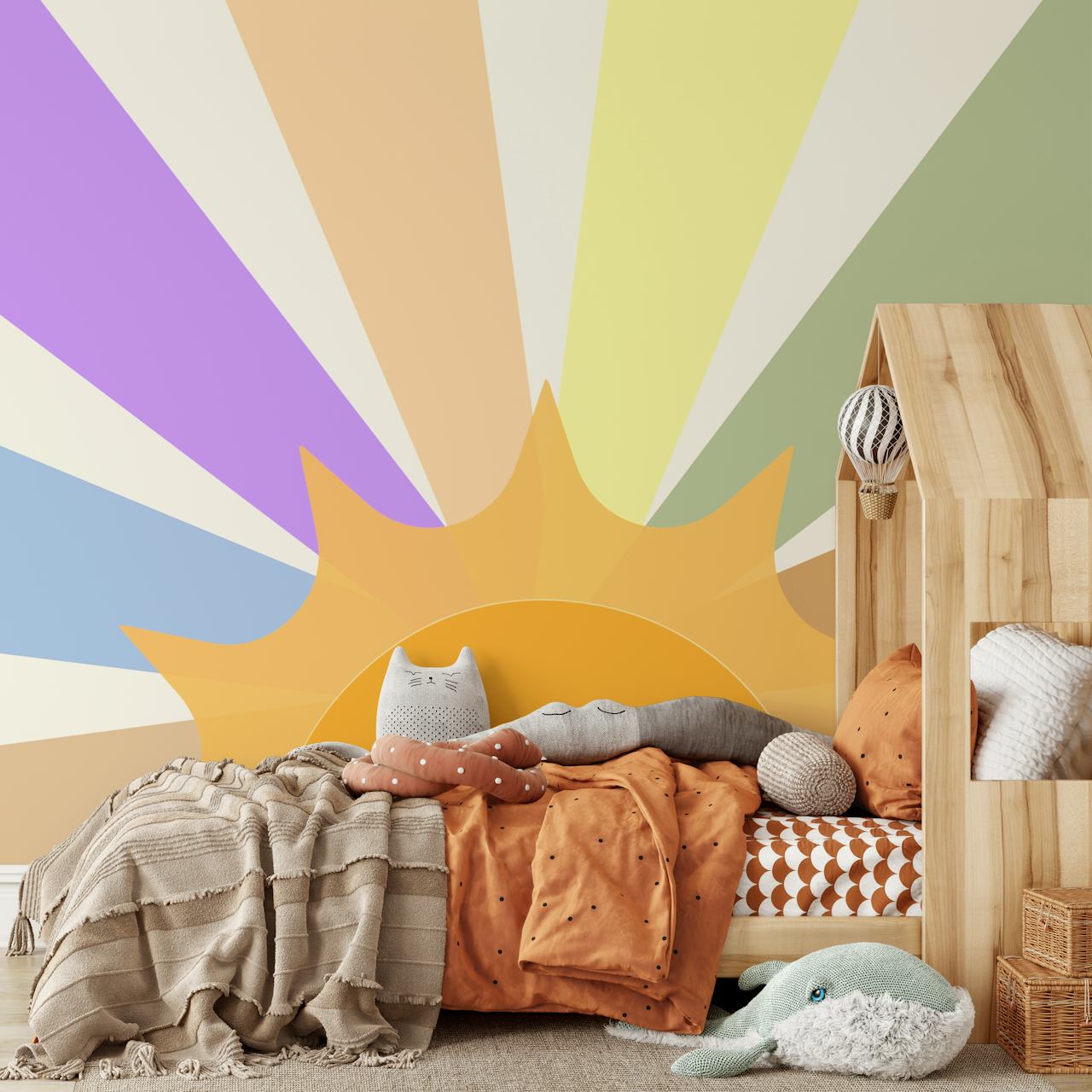 Colorful rays with sun in pastel shades modern wallpaper