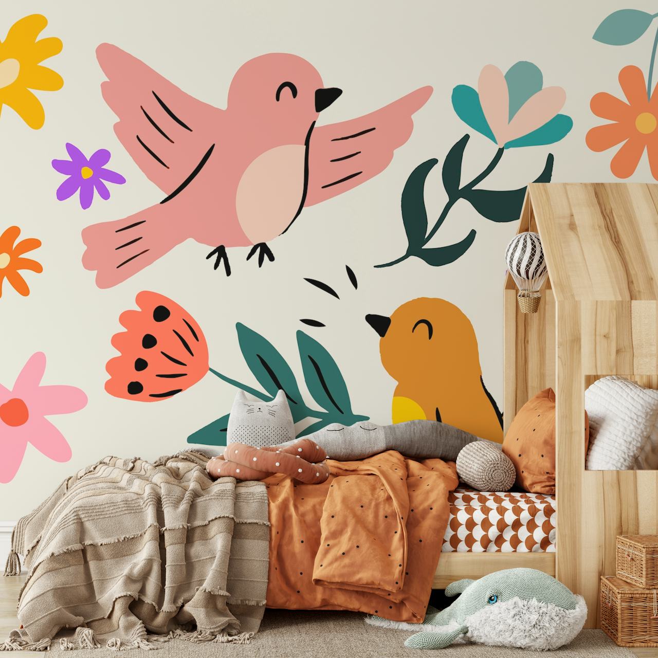 Pink and brown birds with colorful flowers on light background wallpaper