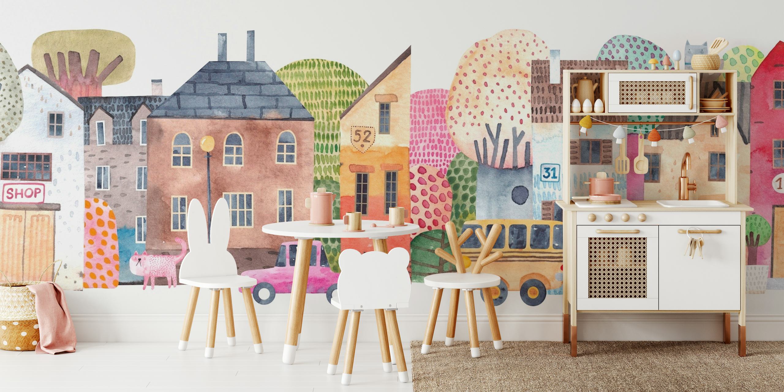Colorful illustration of a whimsical town with unique, playful buildings and vehicles against a white background.