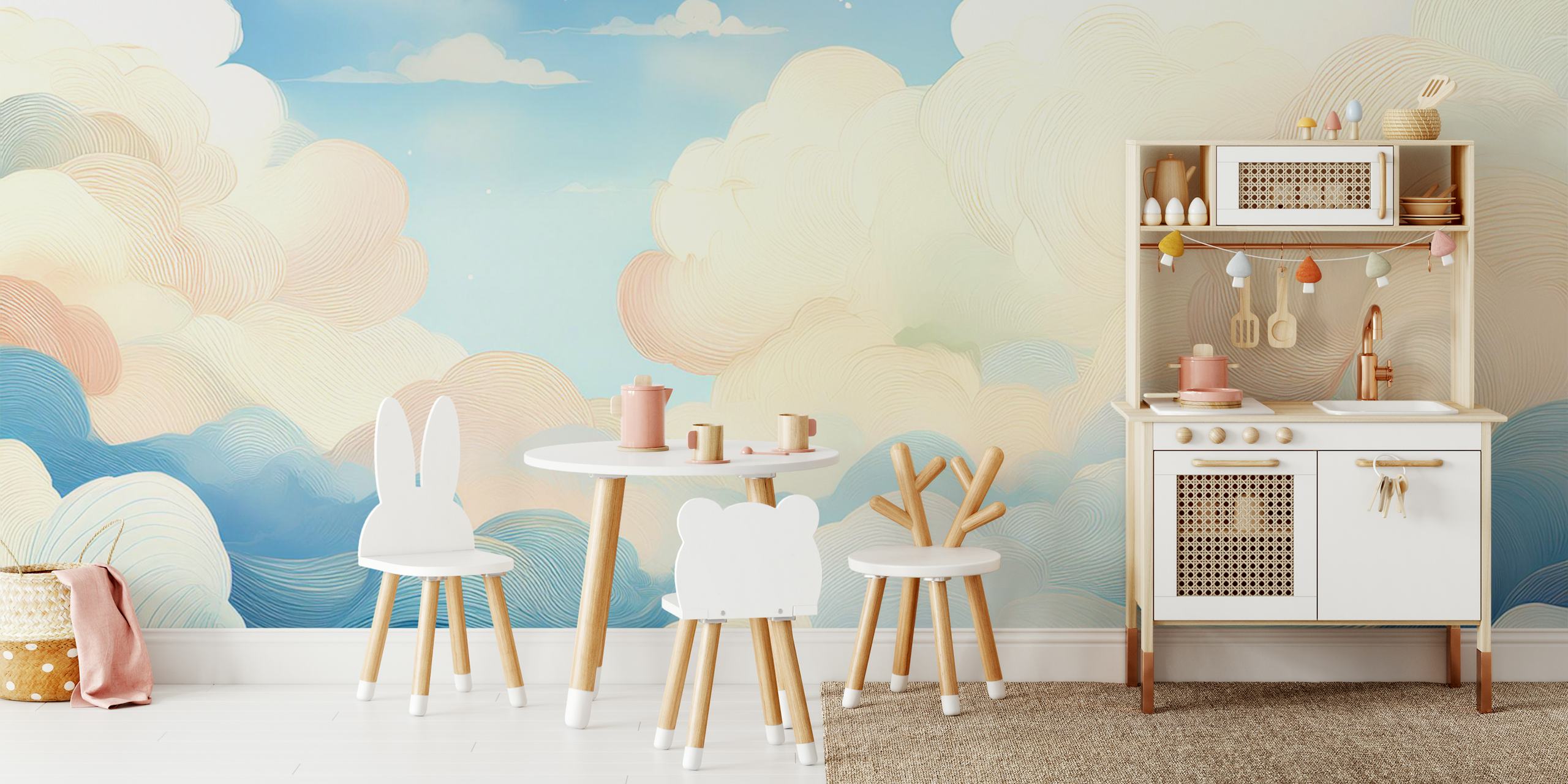 Dreamy cloudscape wallpaper in a room