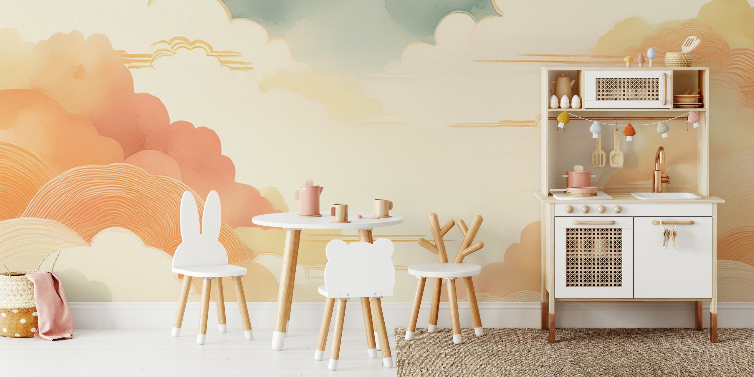 Soft pastel clouds with light blue, peach and cream shades wallpaper