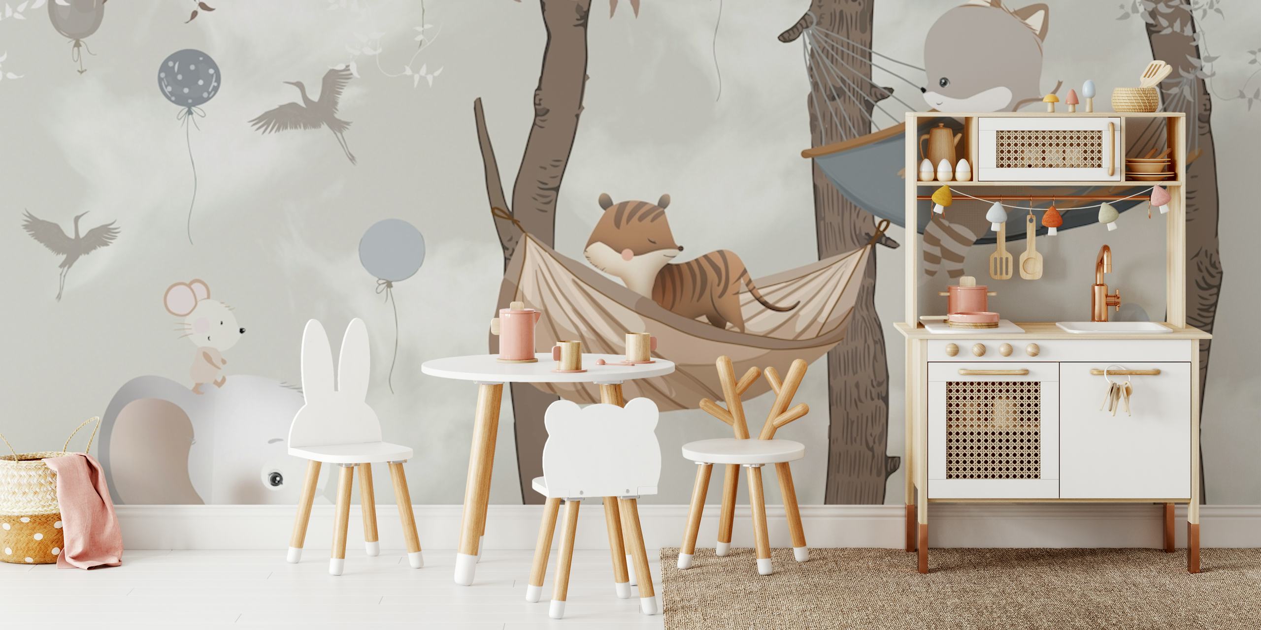 Cute animal forest featuring elephants, raccoons, and balloons in soft colors wallpaper