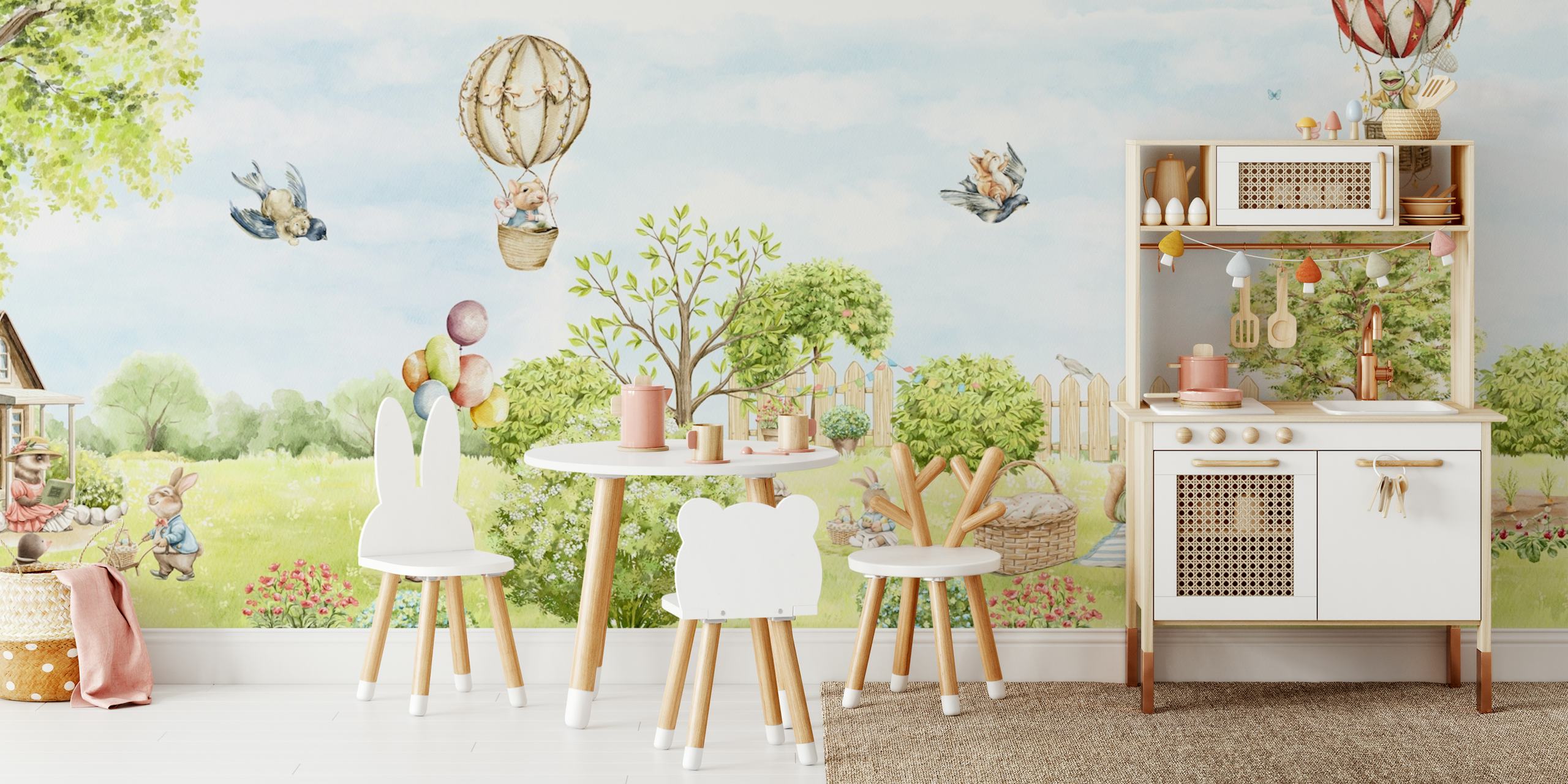 Cute animals in a countryside scenery wallpaper