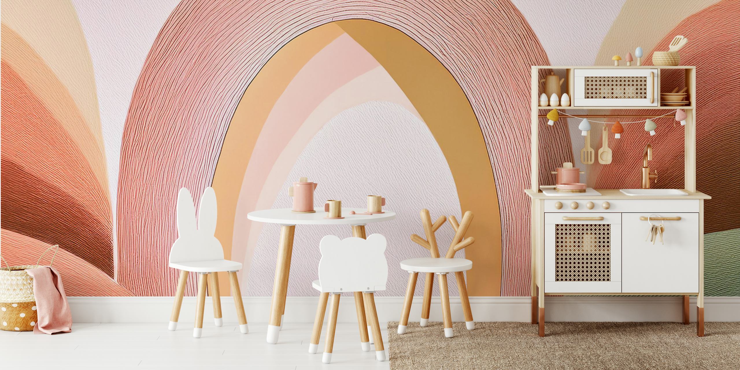Boho rainbow arch design in pastel colors, layered hills wallpaper