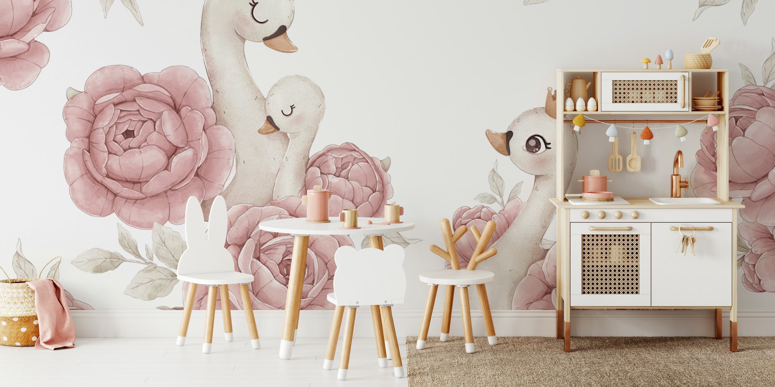 Peony Swan mural tapet i et rum