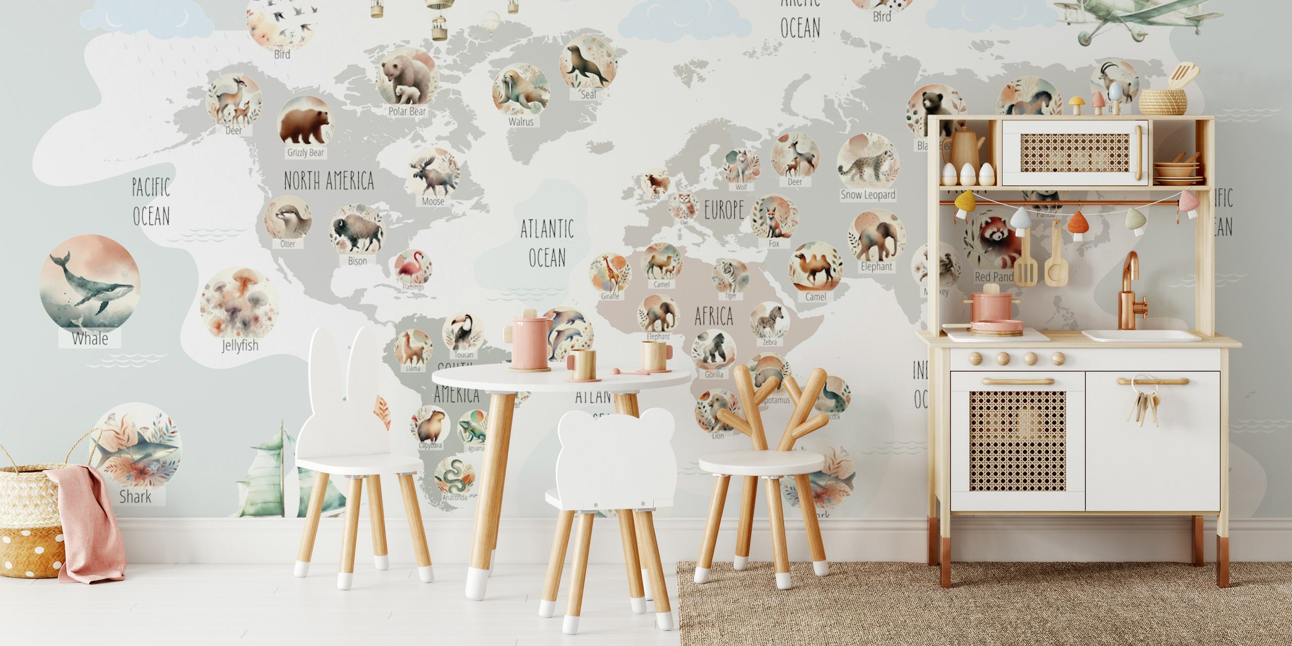 World map with various animal illustrations in pastel colors; wall mural.