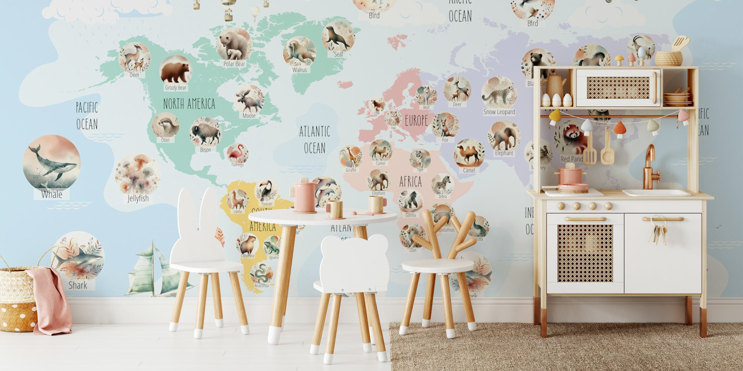 Pastel Wildlife World Map wallpaper in a room