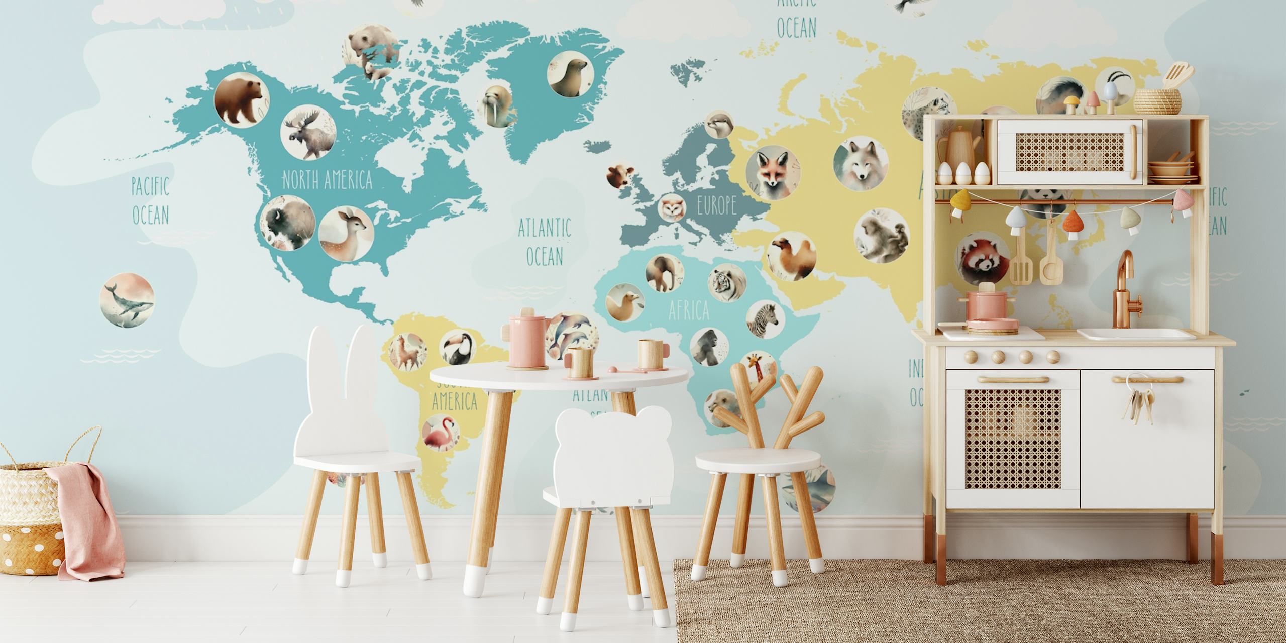 Teal wildlife world map wallpaper in a room.