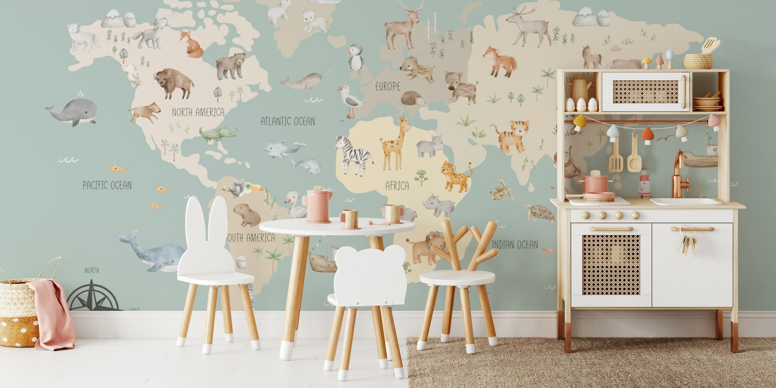 Animal Adventure World Map on Green papier peint