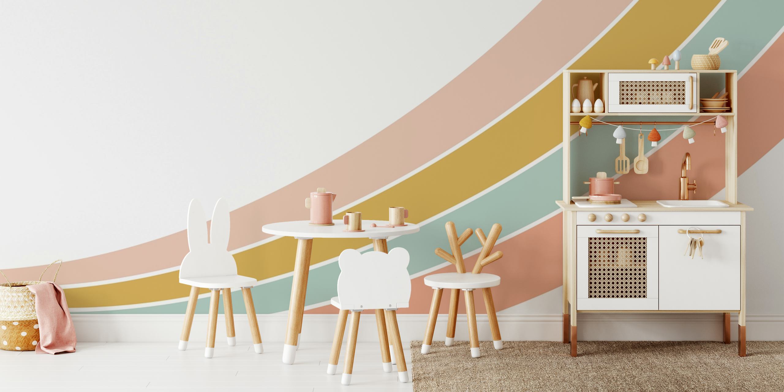 Curved lines in pastel pink, mint green, and beige on white wallpaper