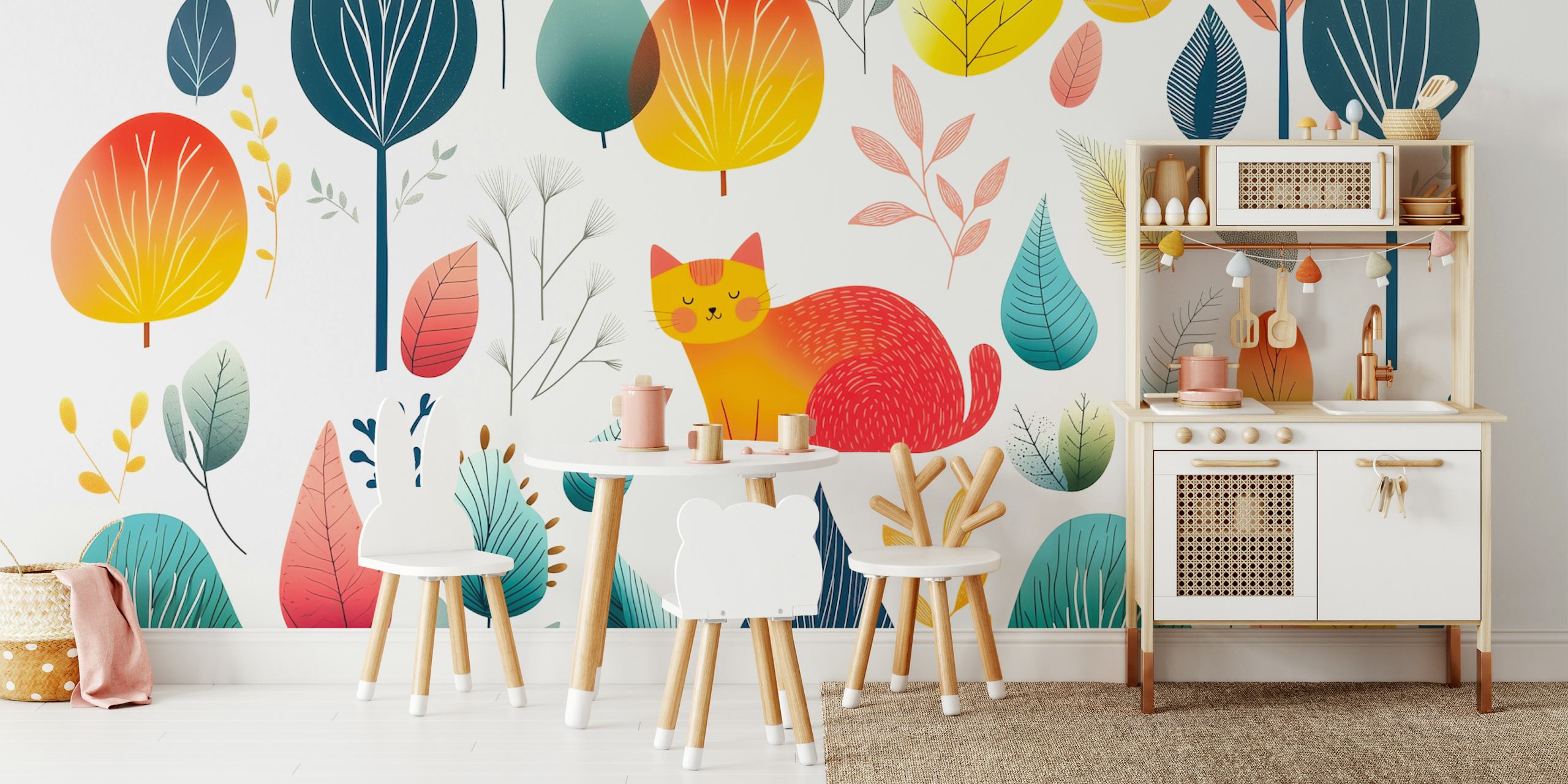 Cat entre Colorful Leaves diseño de papel tapiz