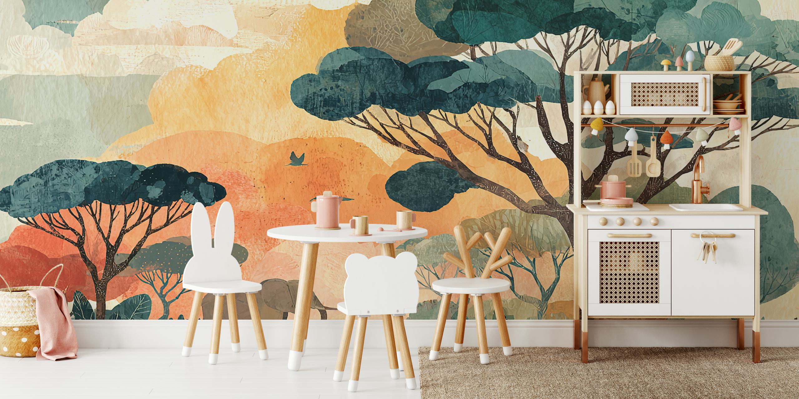 Papel pintado Safari Old Sunset mostrado en una habitación