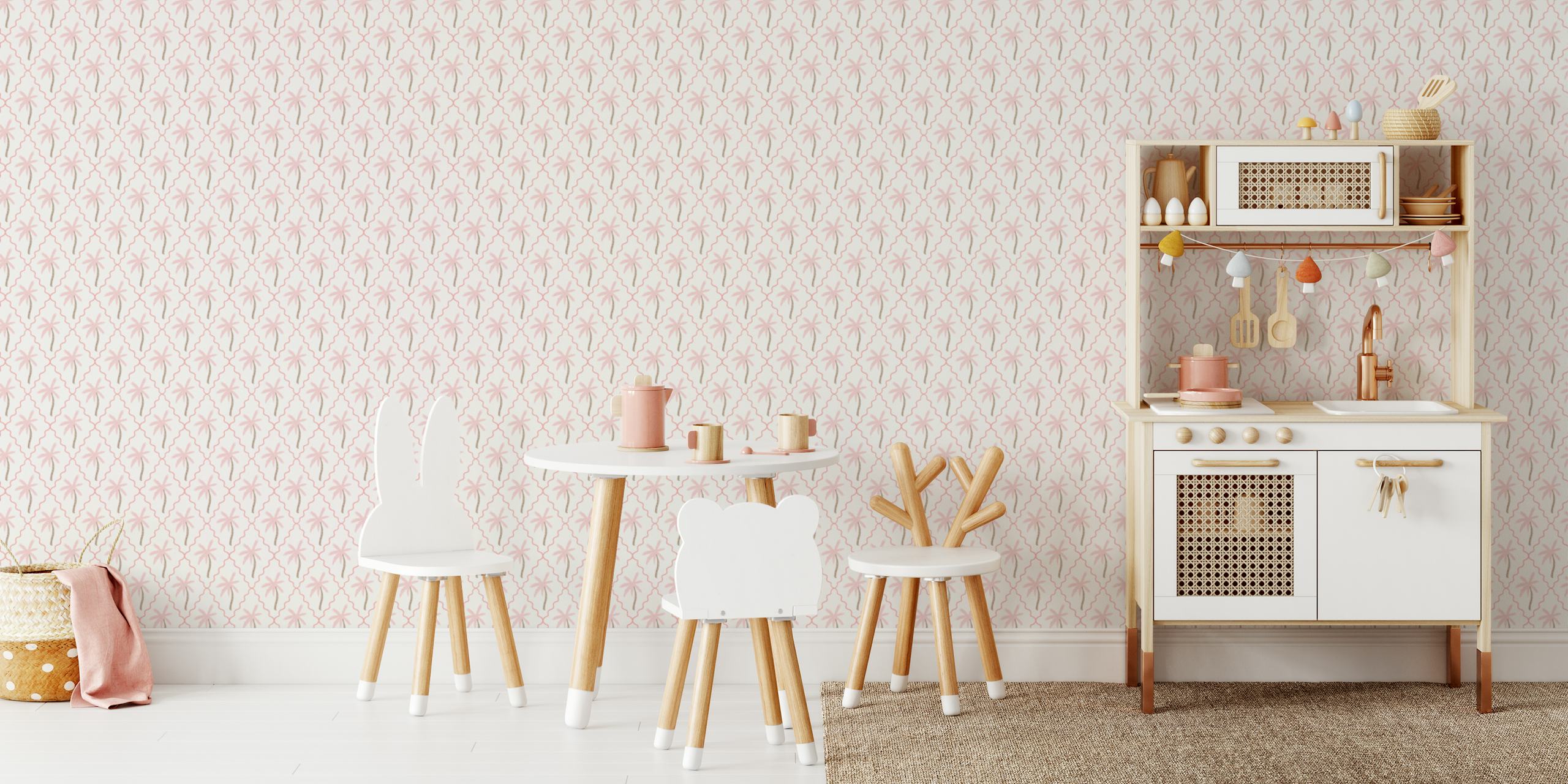 Soft pink scalloped diamonds with palms wallpaper