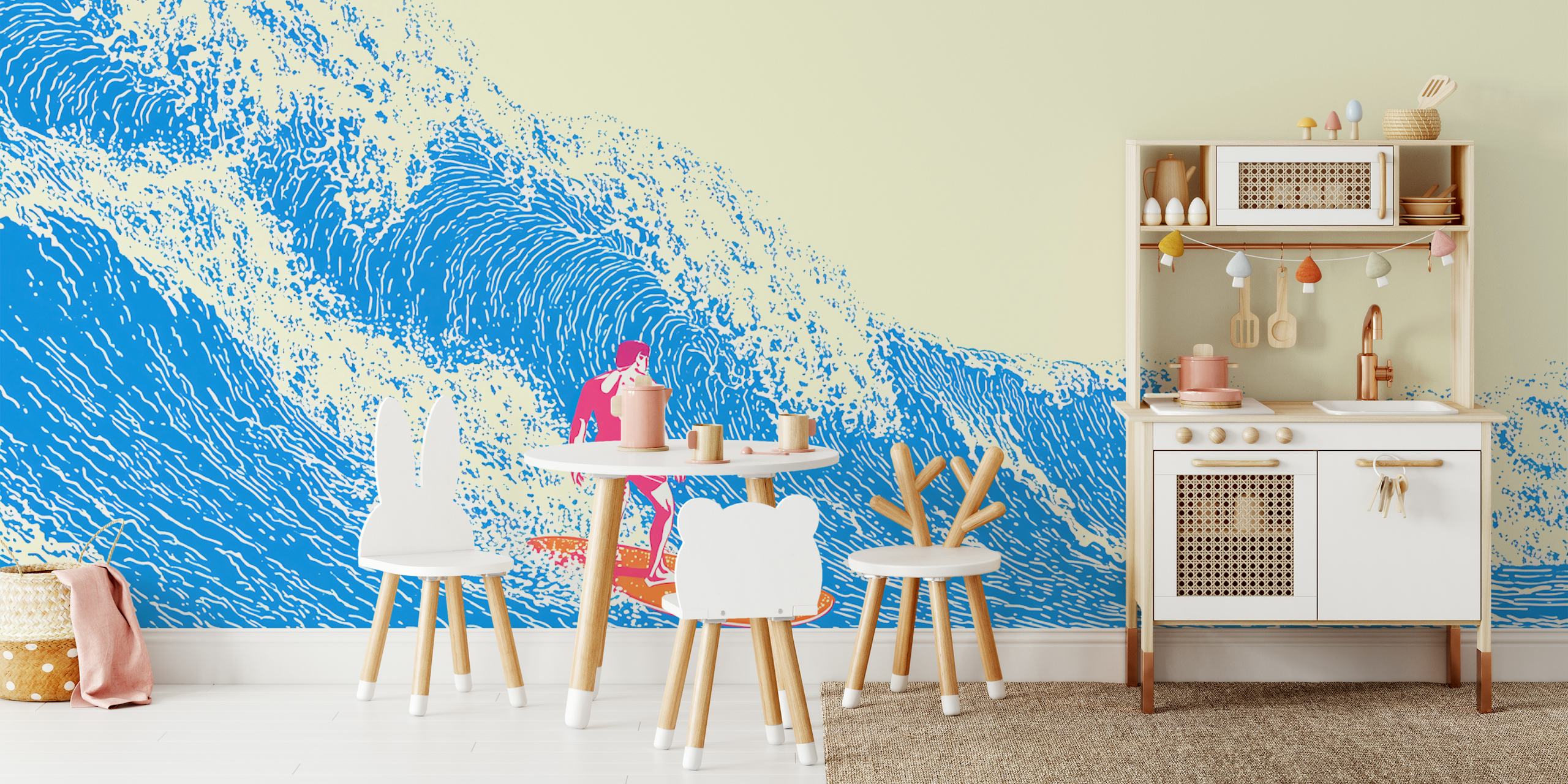 Surfer riding blue ocean waves with orange surfboard wallpaper
