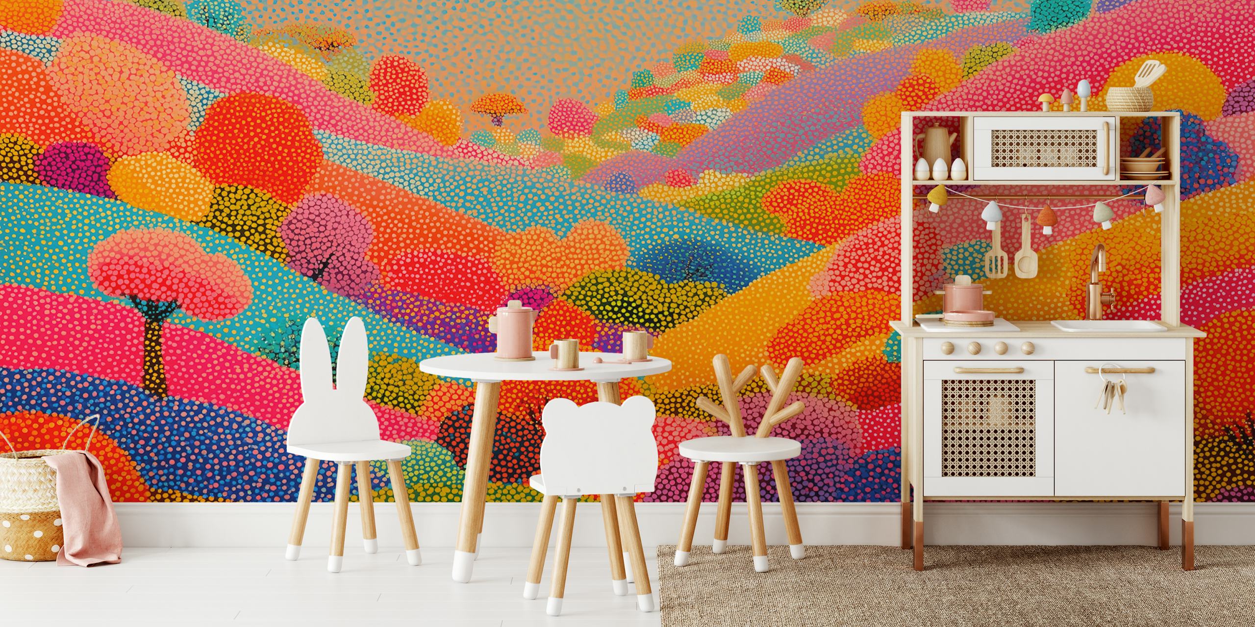 Colorful hills with trees and dots in vibrant colors pointillist wallpaper