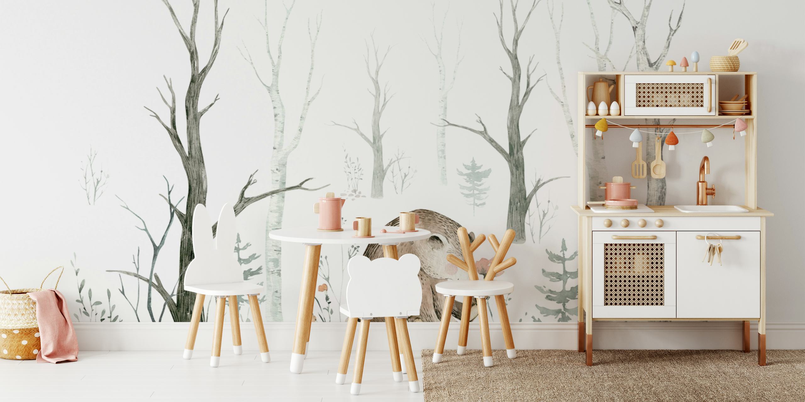 Baby bear holding a flower among trees and plants wallpaper