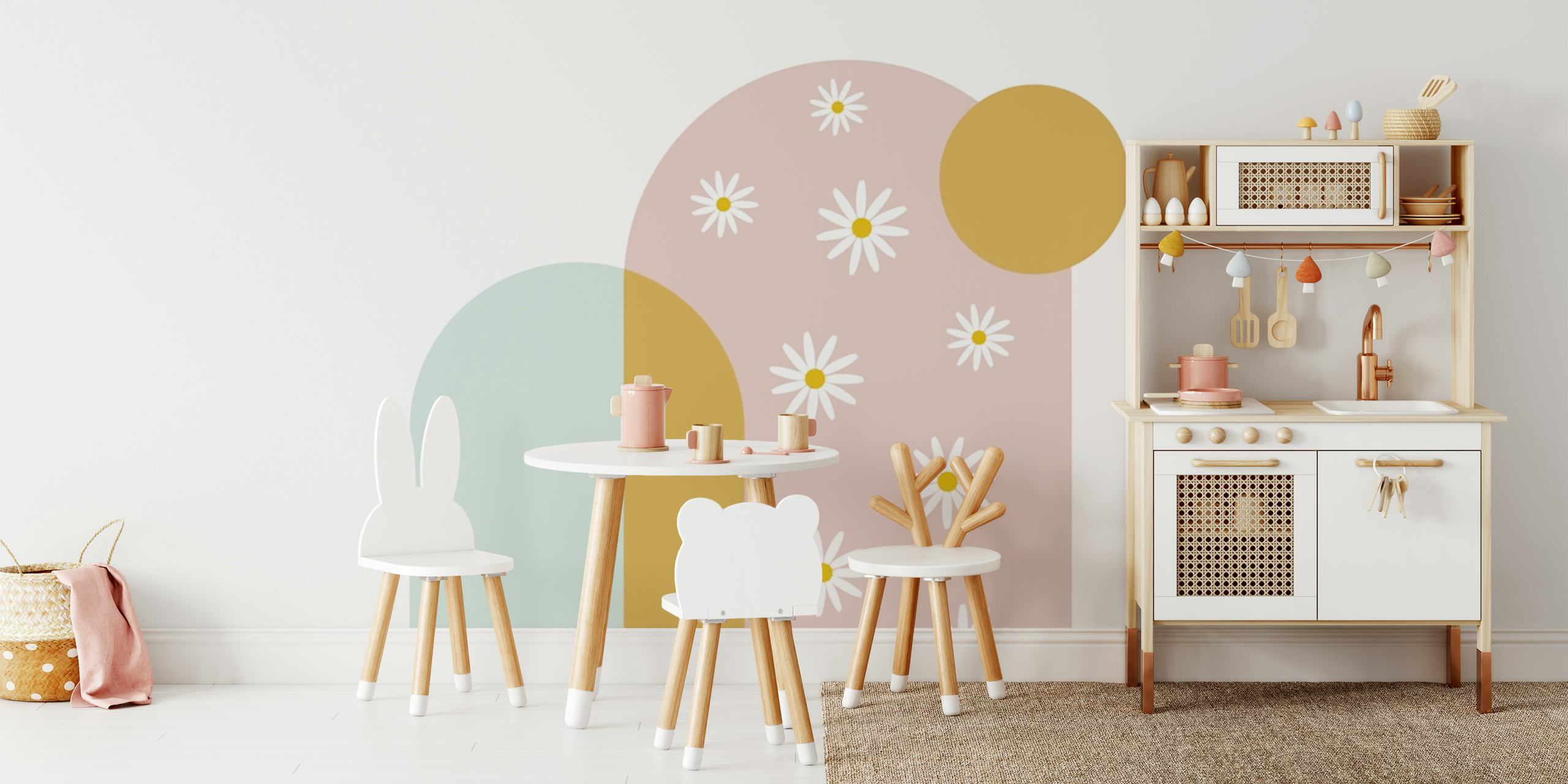 Modern boho daisy arch wallpaper in a room