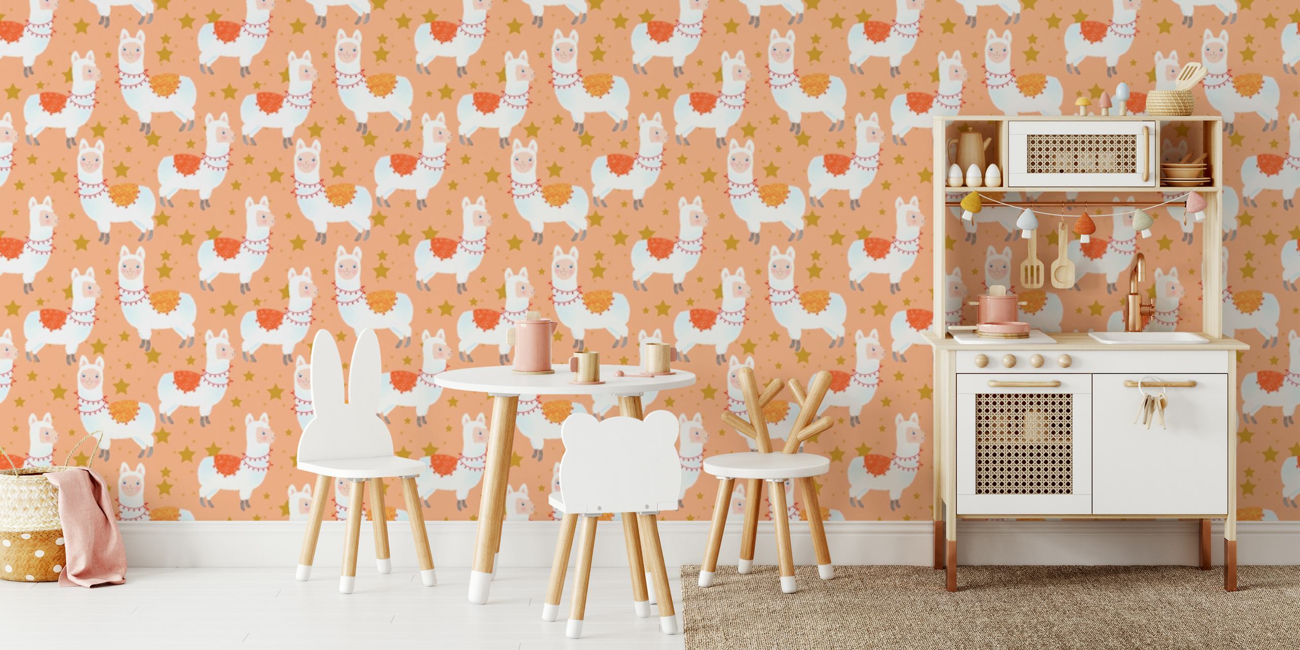 Colorful happy llamas wallpaper in a room