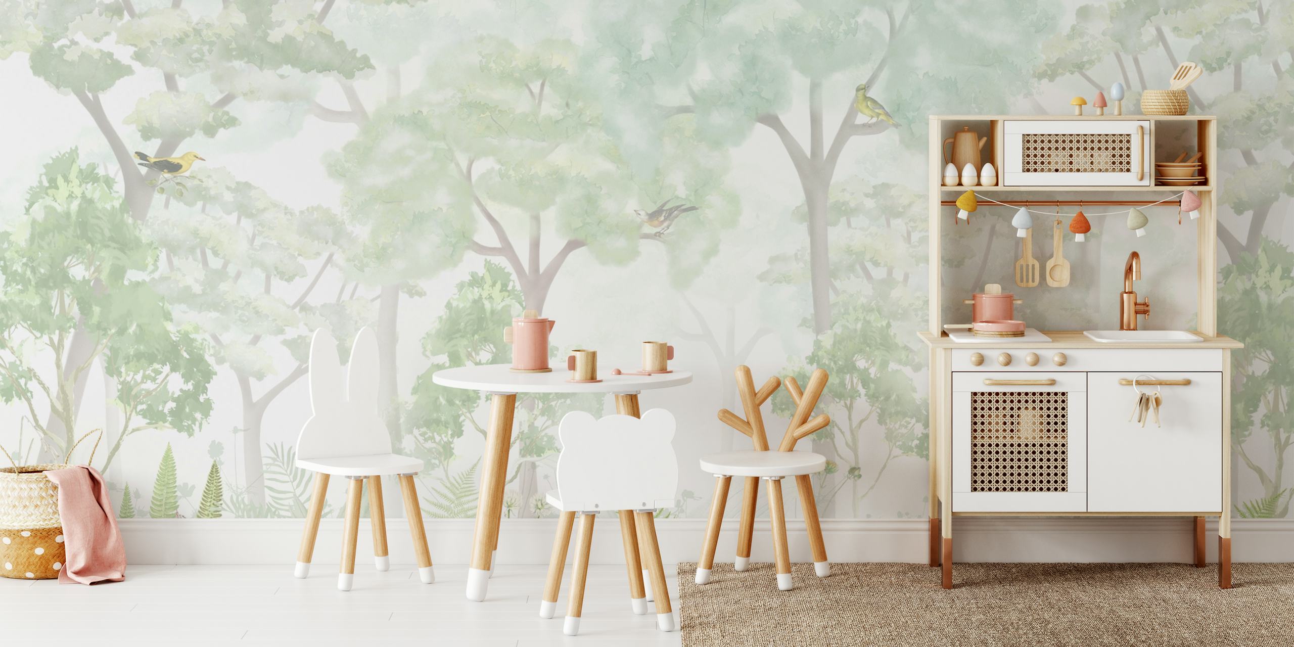 Forest scene with light green trees and colorful flowers wallpaper