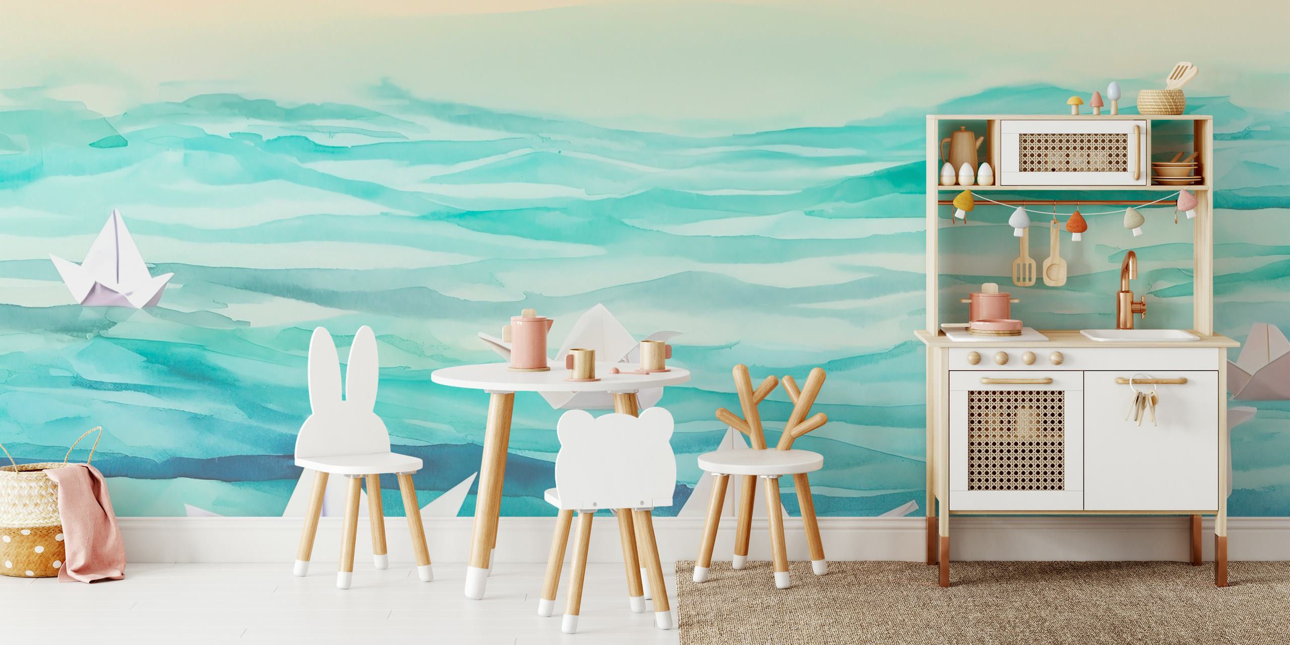 Origami paper boats on a watercolor sea wall mural
