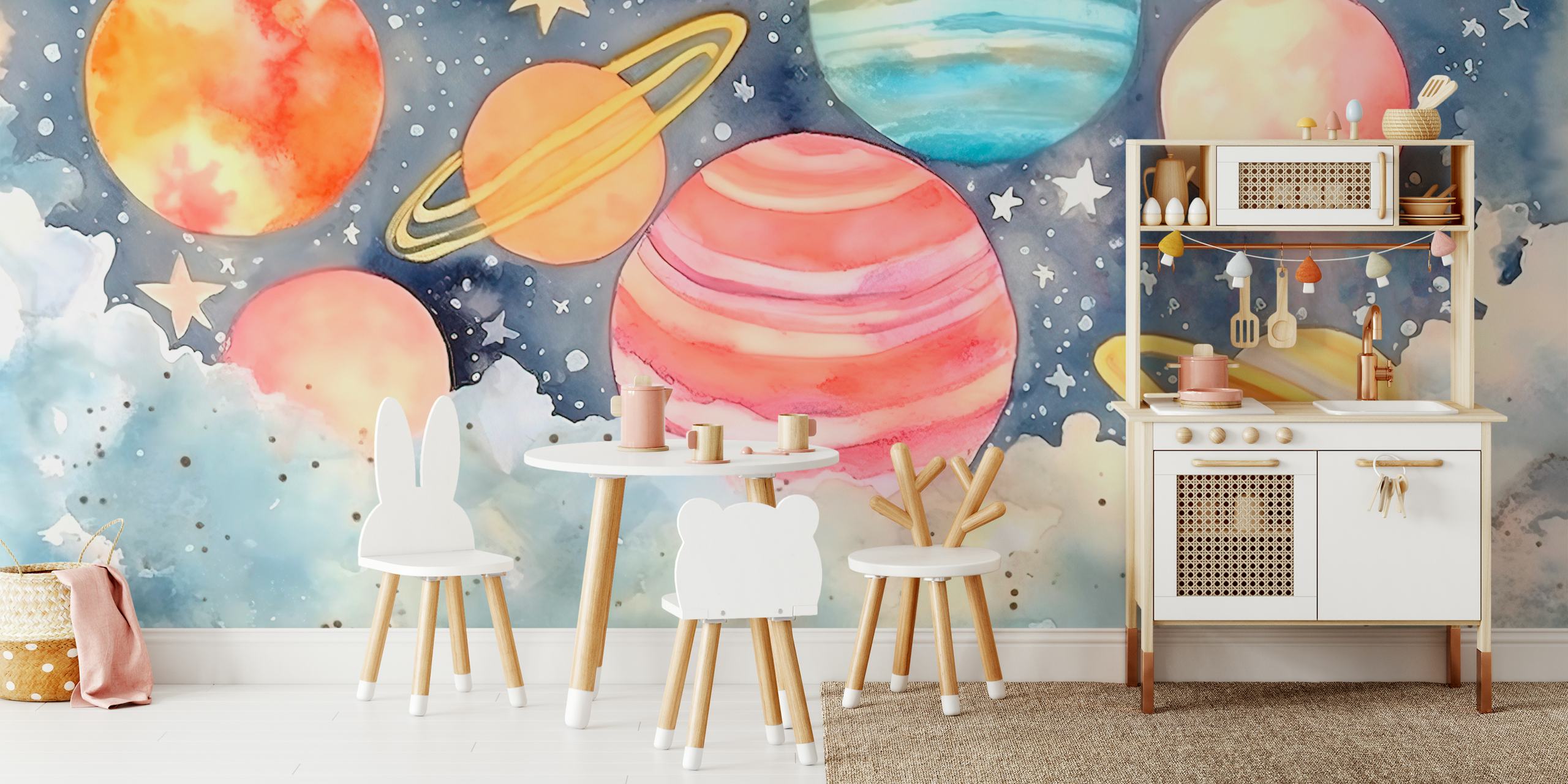 Colorful watercolor planets and stars on a night sky wallpaper