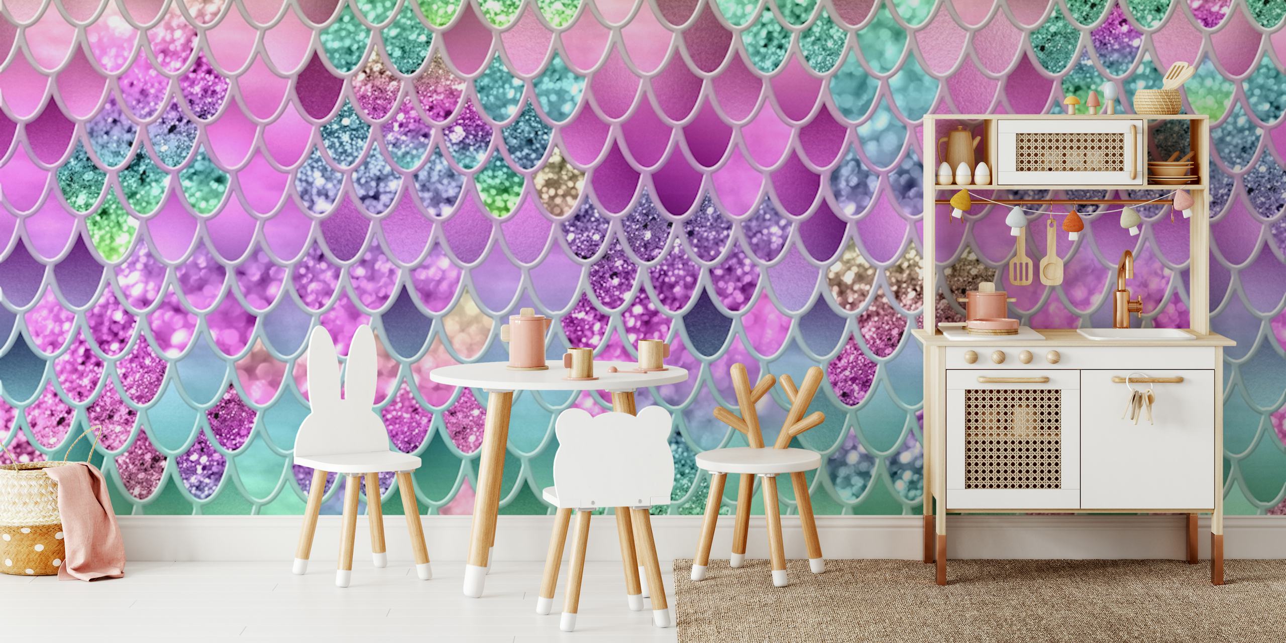 Mermaid Glitter Scales wallpaper in a room
