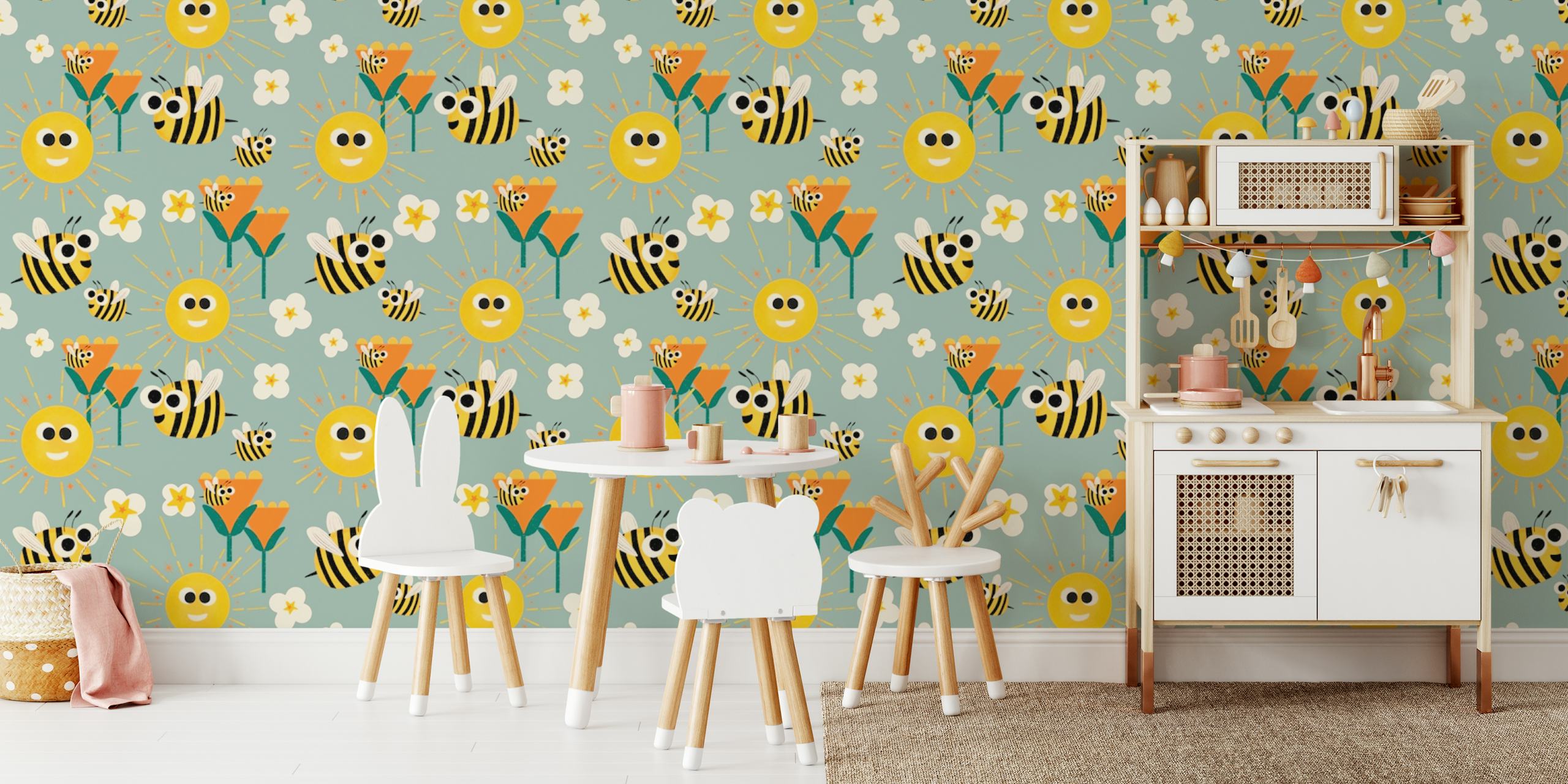 Χρωματιστό σχέδιο ταπετσαρίας happy bees and sunshine