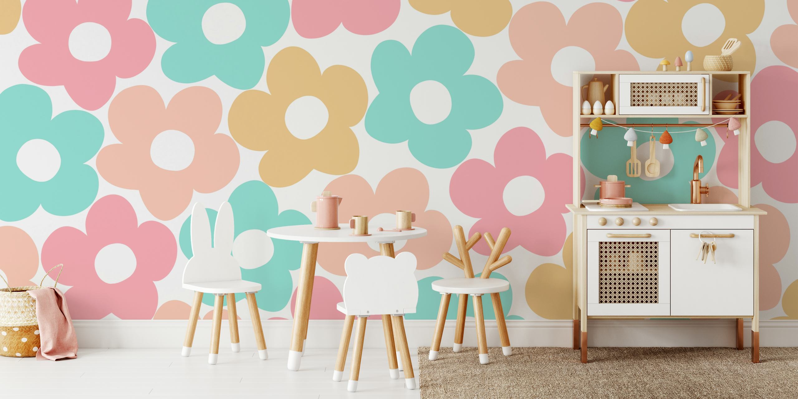 Colorful floral pattern in pastel pink, blue, and yellow wallpaper