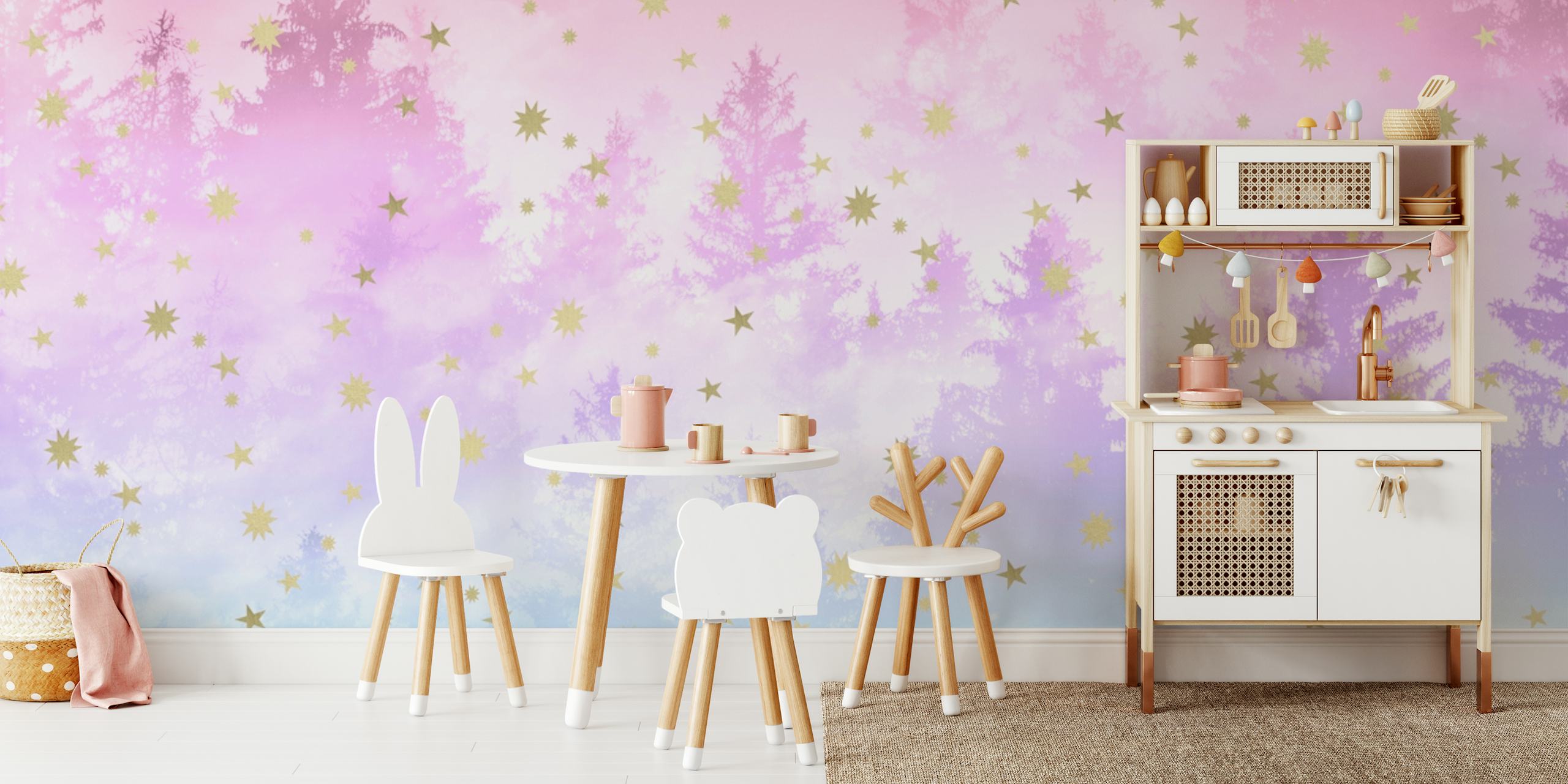 Unicorn and tree silhouette landscape with pink, blue, and gold stars wallpaper