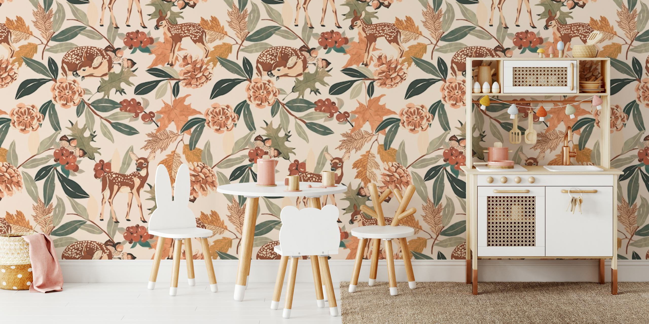 Deer in autumn floral wallpaper design