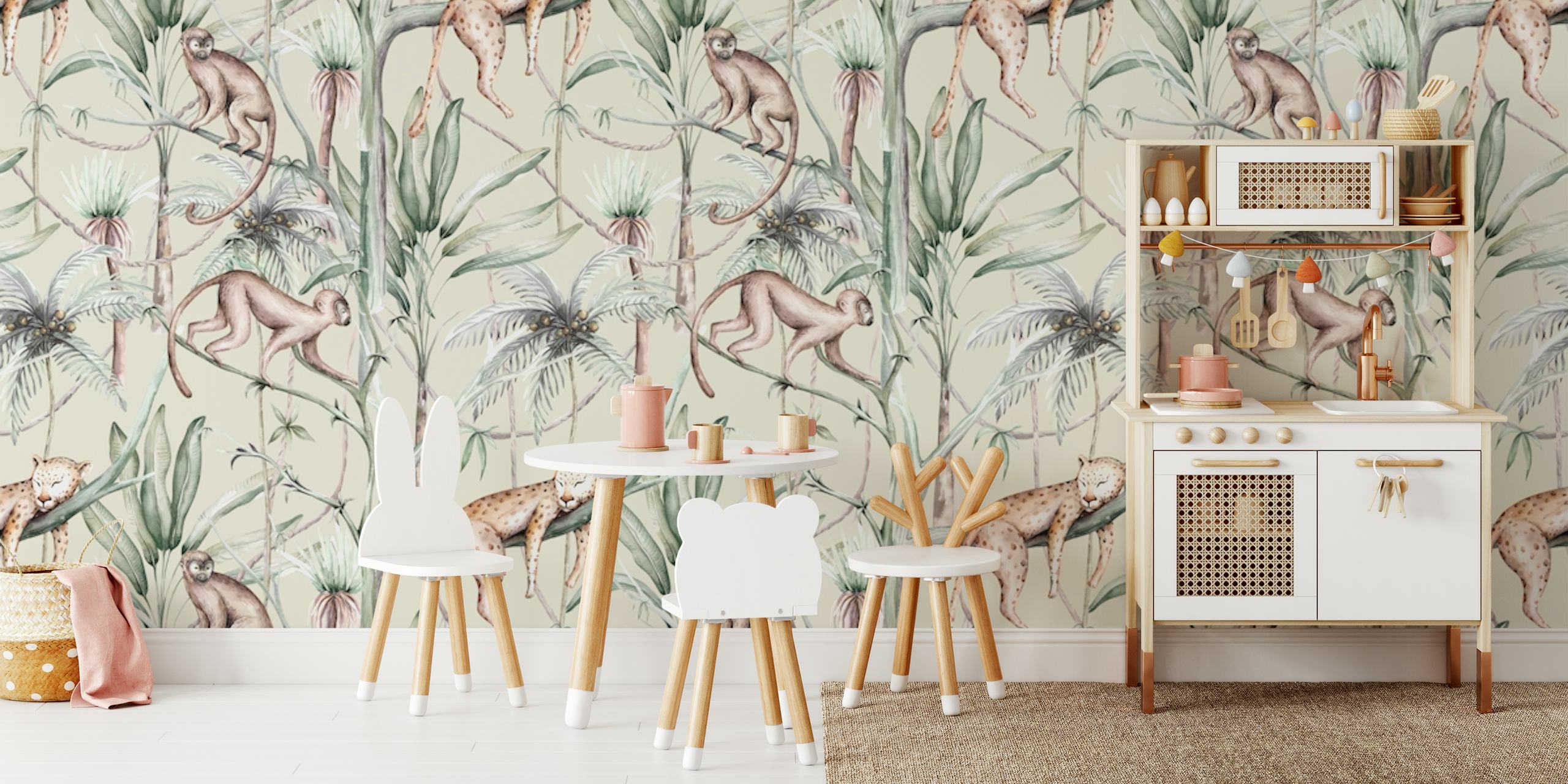 Exotic jungle wallpaper featuring monkeys and leopards