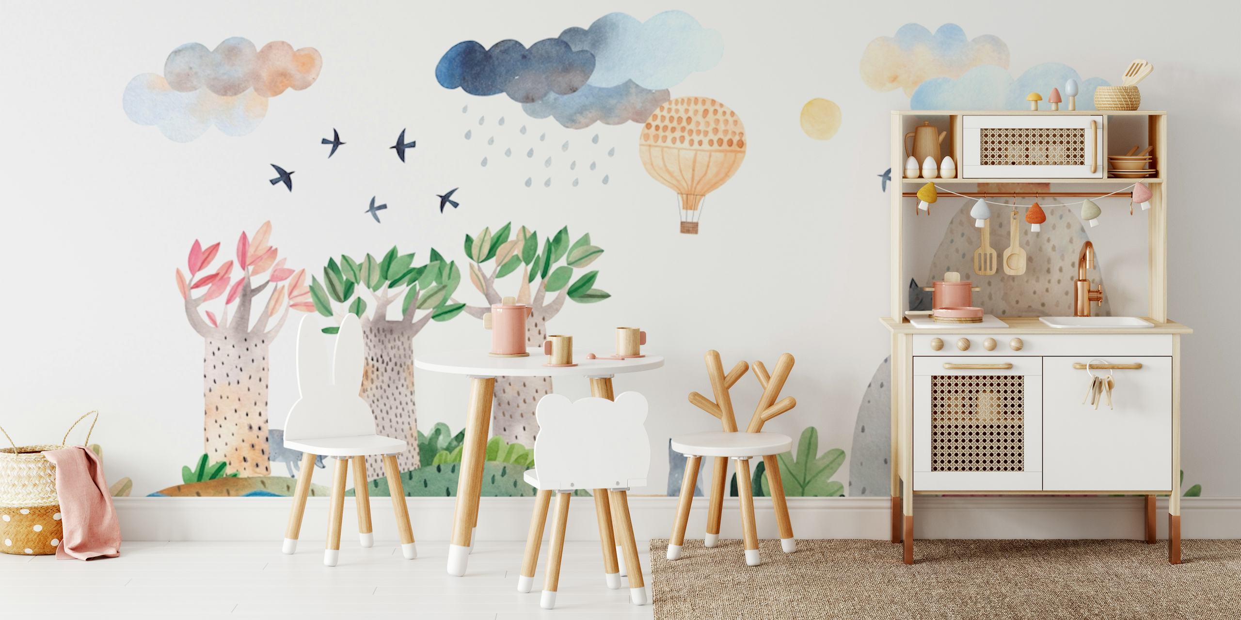 Pastellivärinen akvarellitapetti, jossa on omituisia susia, kuumailmapalloja ja lintuja rauhallisessa maisemassa