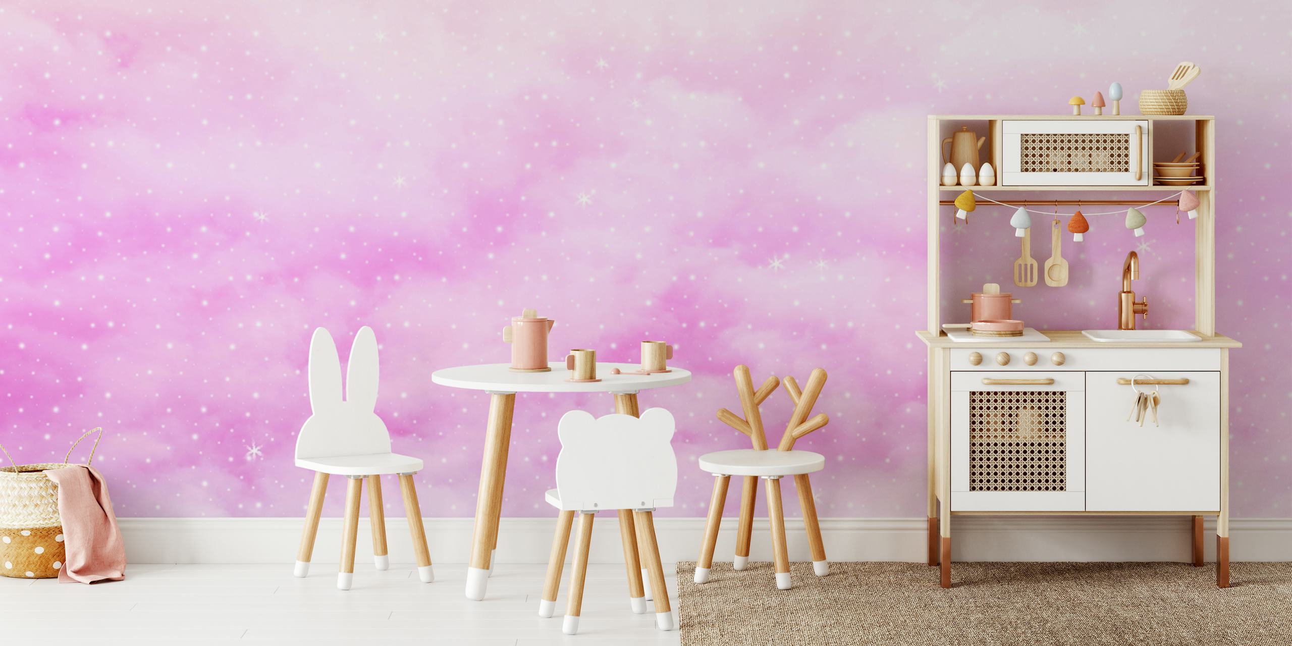Pastel clouds in shades of pink and purple with starry texture wallpaper