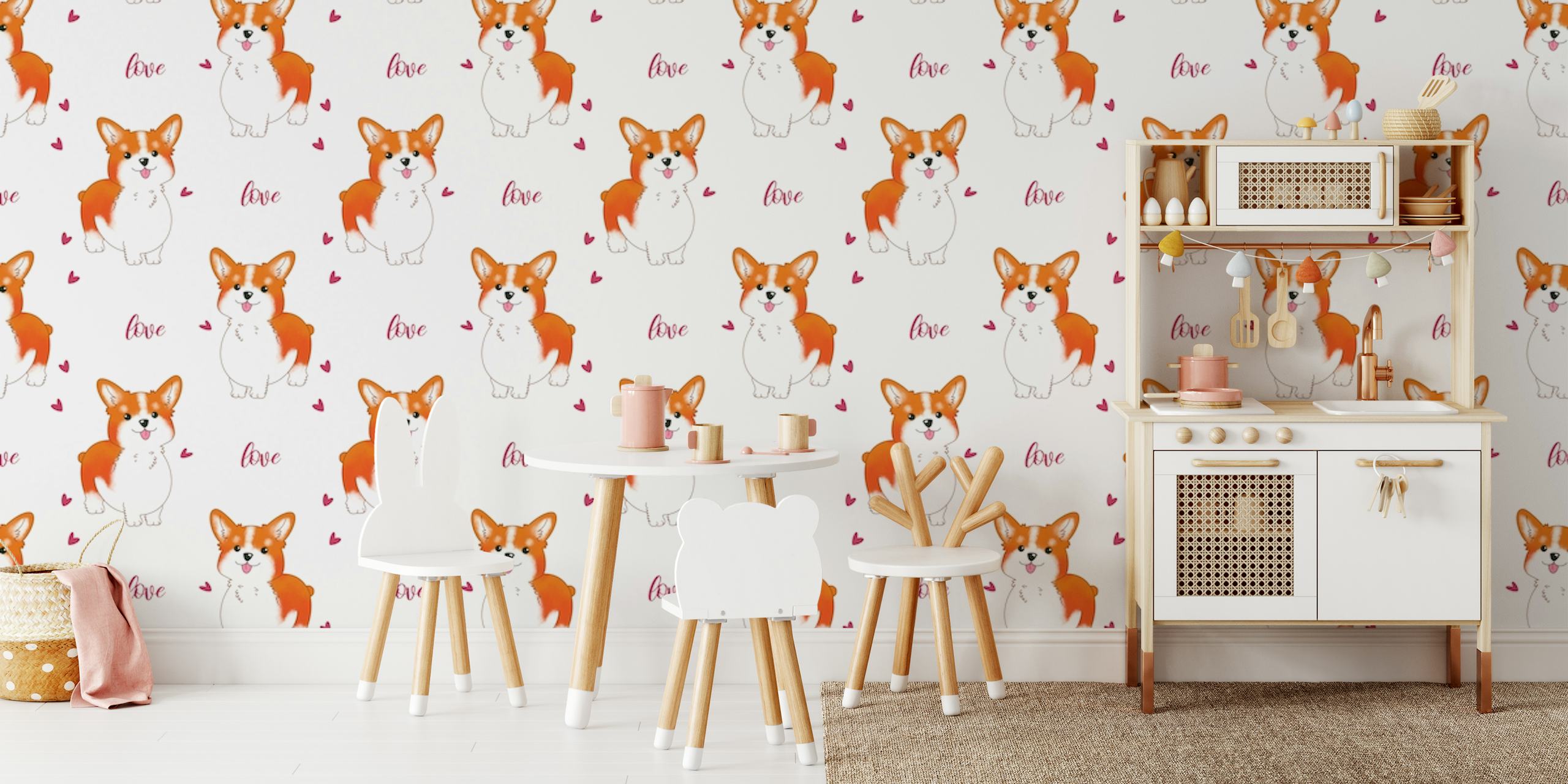 Cute corgi characters and hearts on white background wallpaper