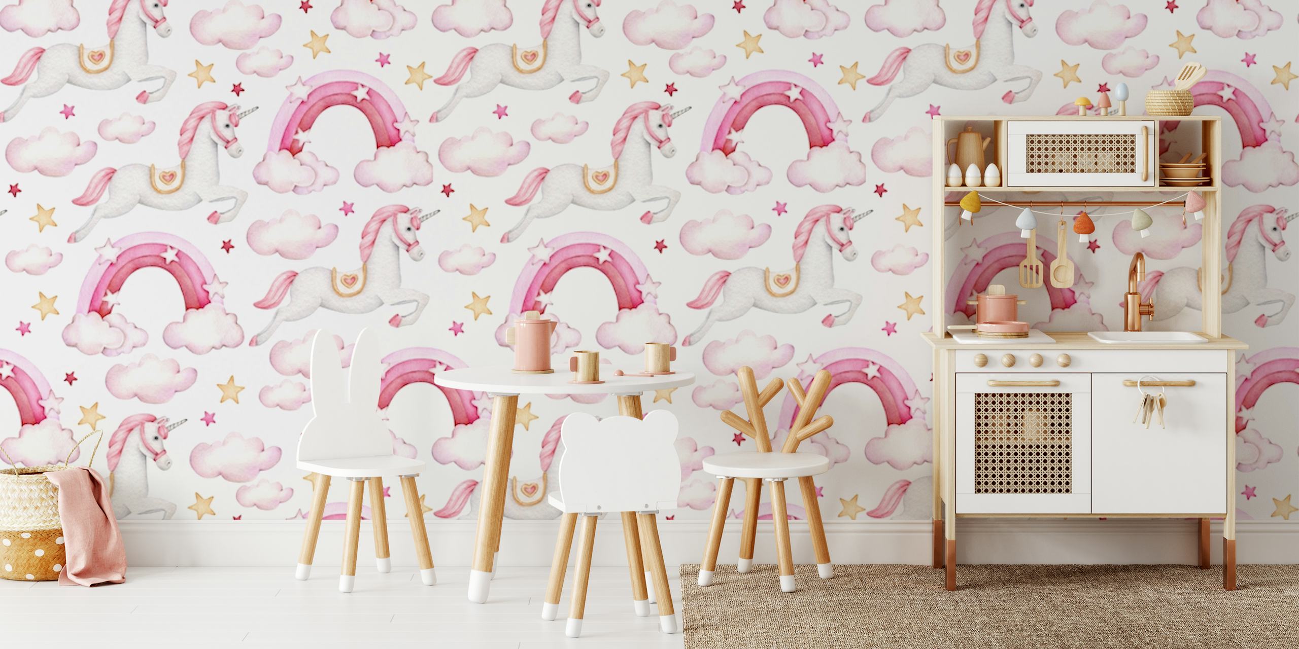 Unicorns, rainbows, and clouds on white background wallpaper