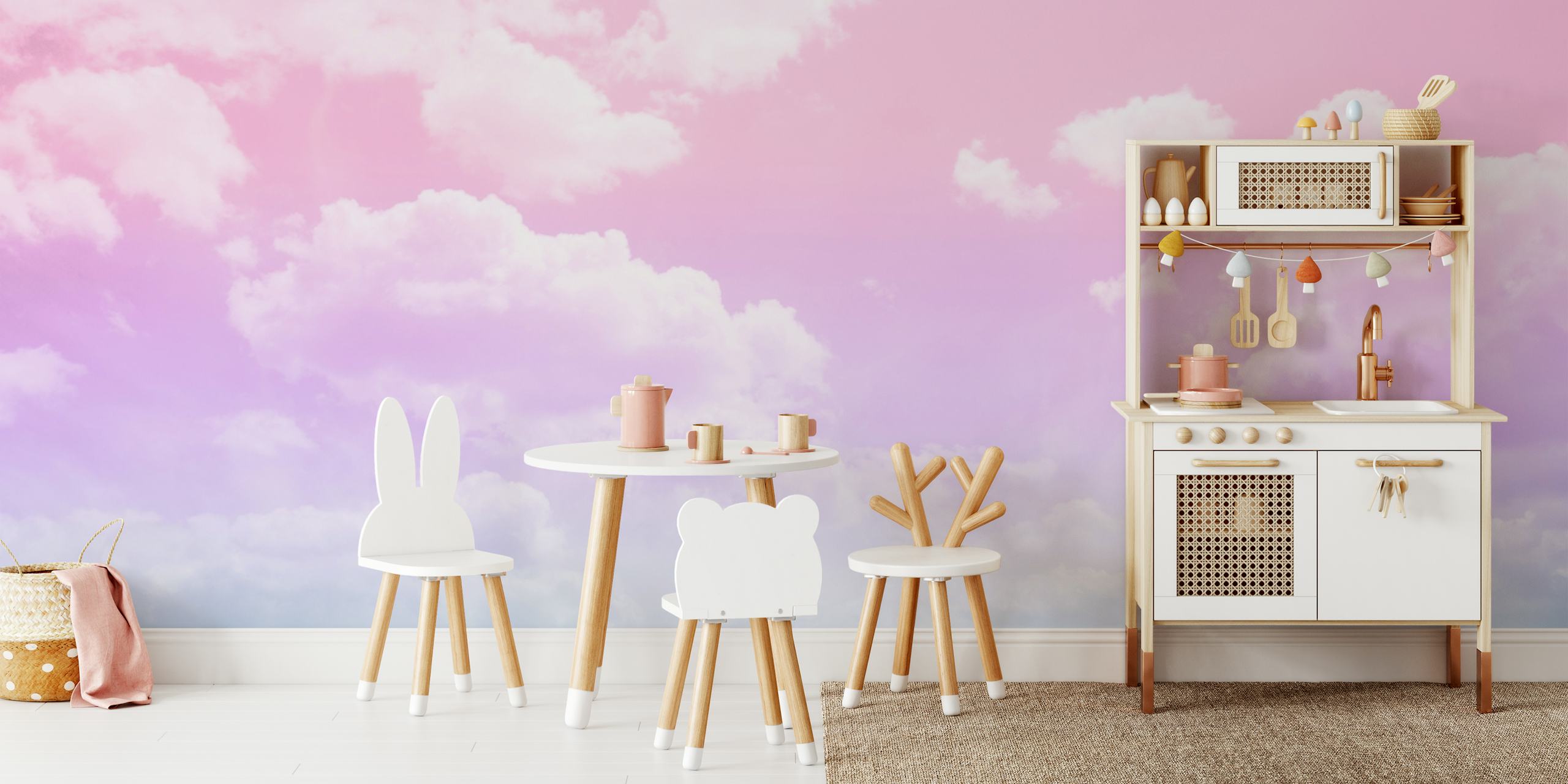 Mural de pared de nubes en colores pastel con tonos rosa, lila y azul que representan Dreamy Clouds 4 - Unicorn Colors.