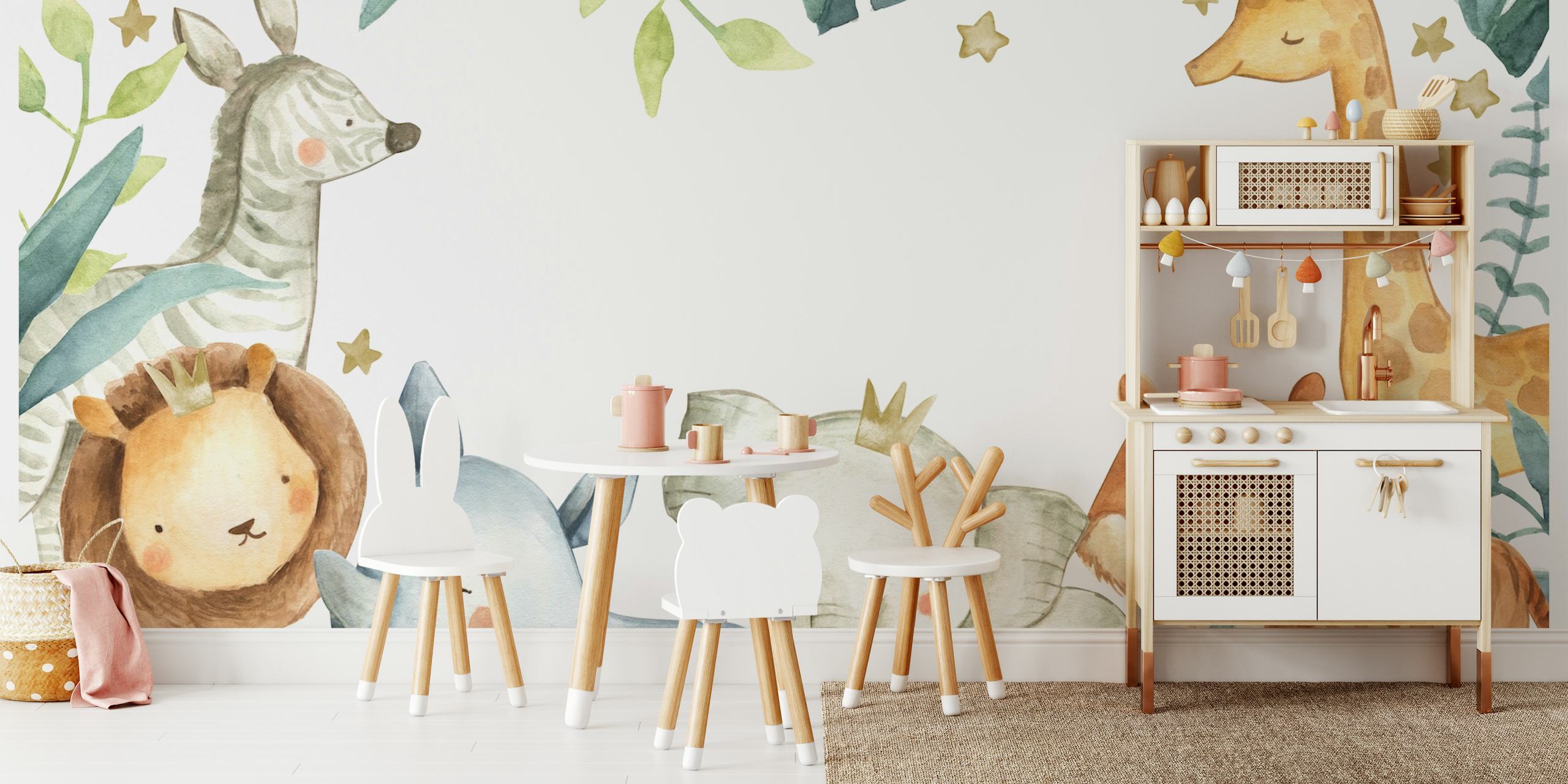 Carta da parati Safari Friends con animali giocosi e foglie tropicali