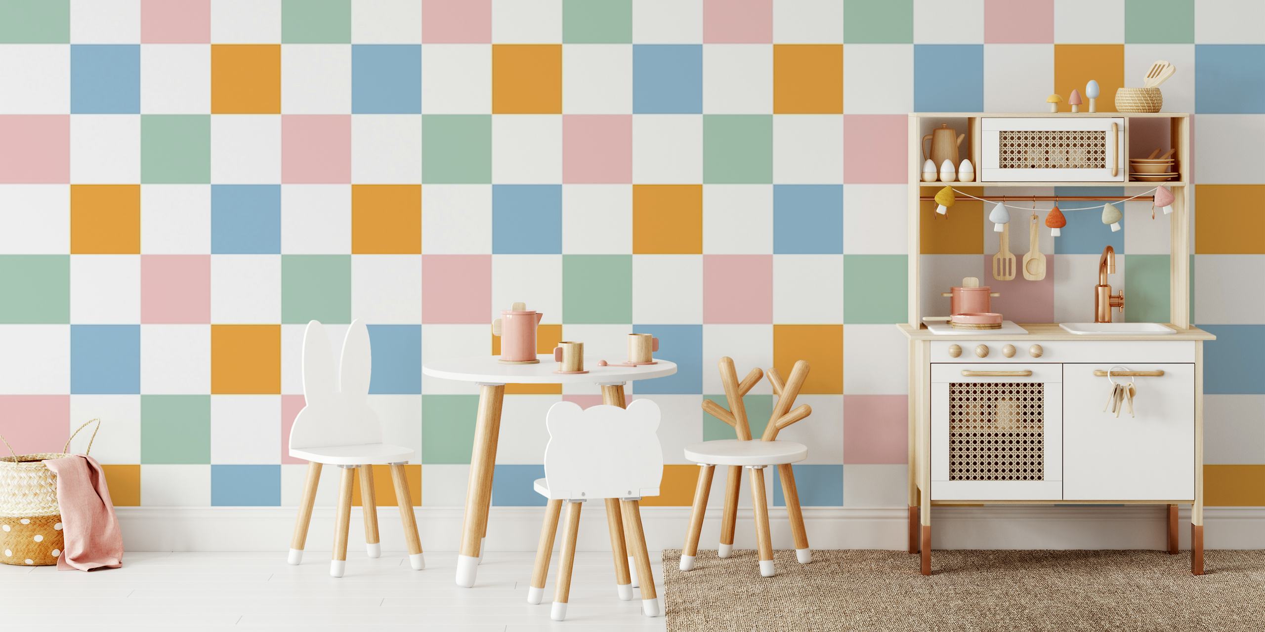 Colorful gingham pattern comprising pink, blue, orange, and green squares wallpaper
