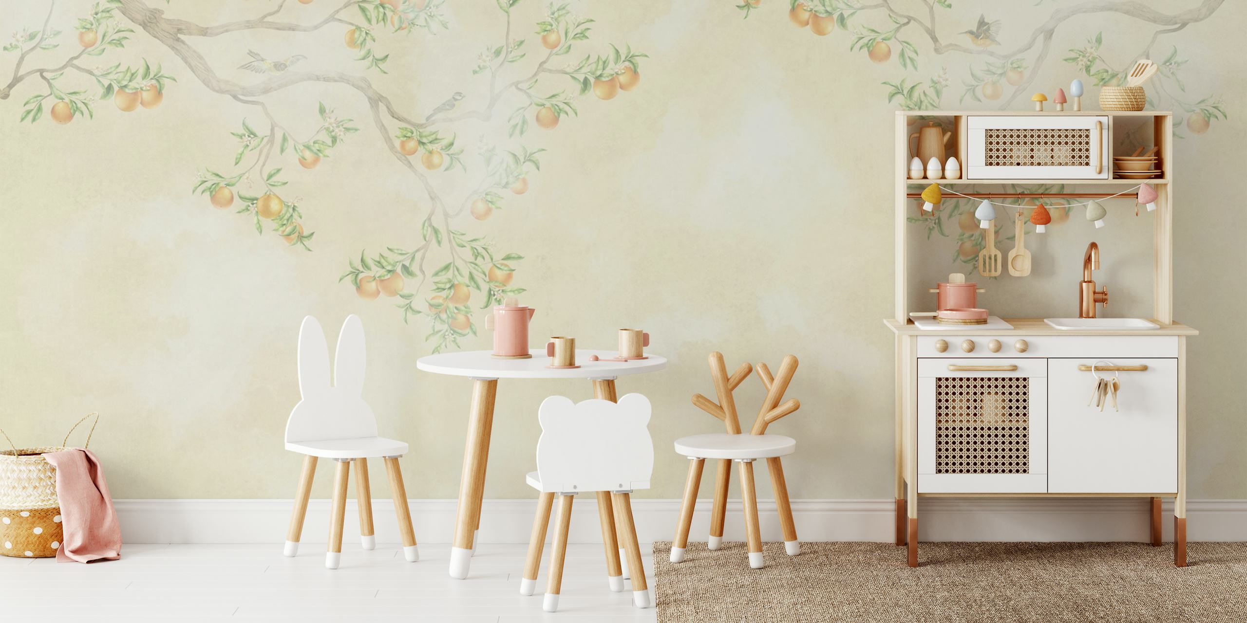 Pastel orange tree branches with foliage and oranges wallpaper