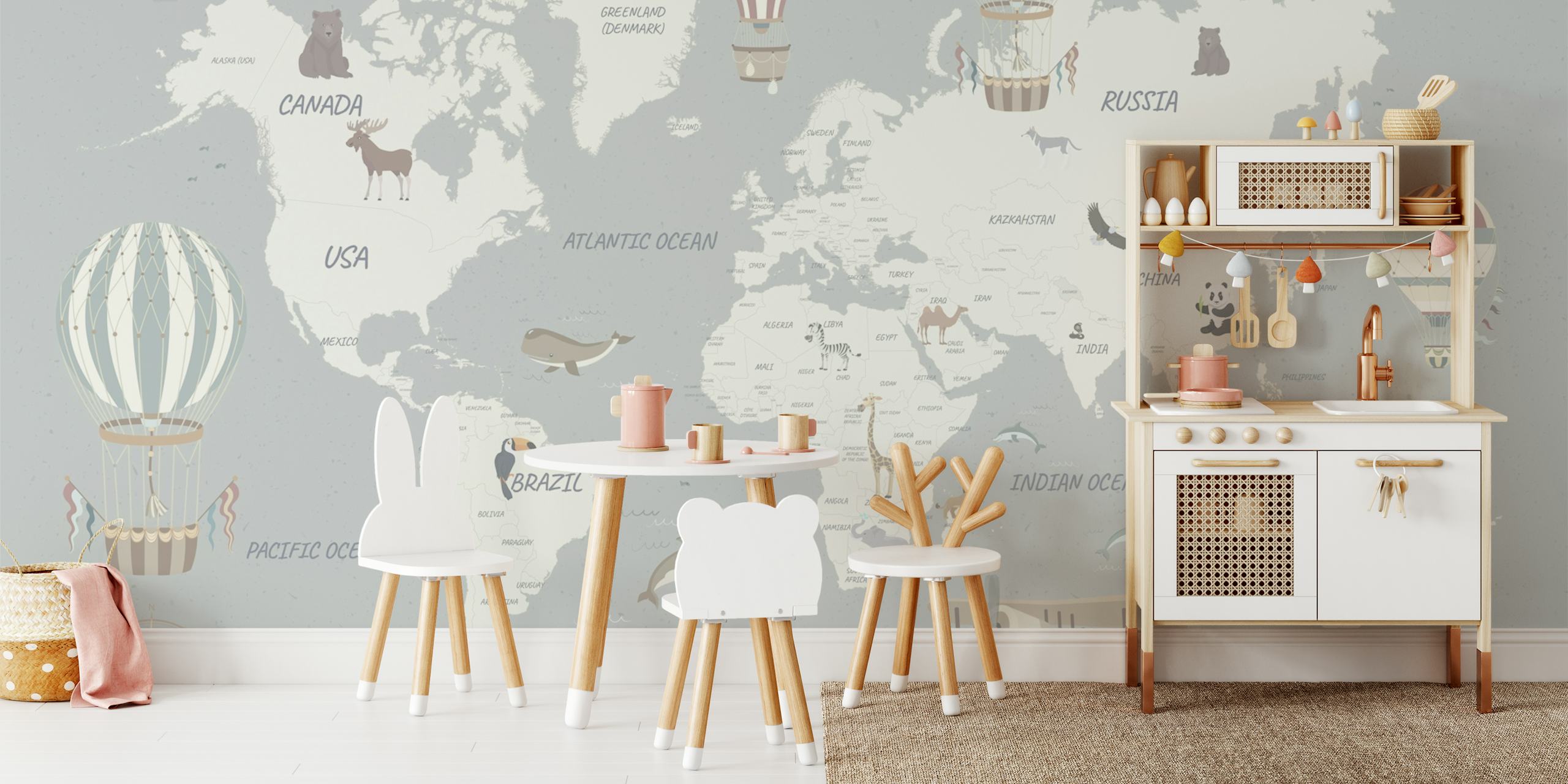 Papel de parede mapa de viagem azul claro para o quarto das crianças