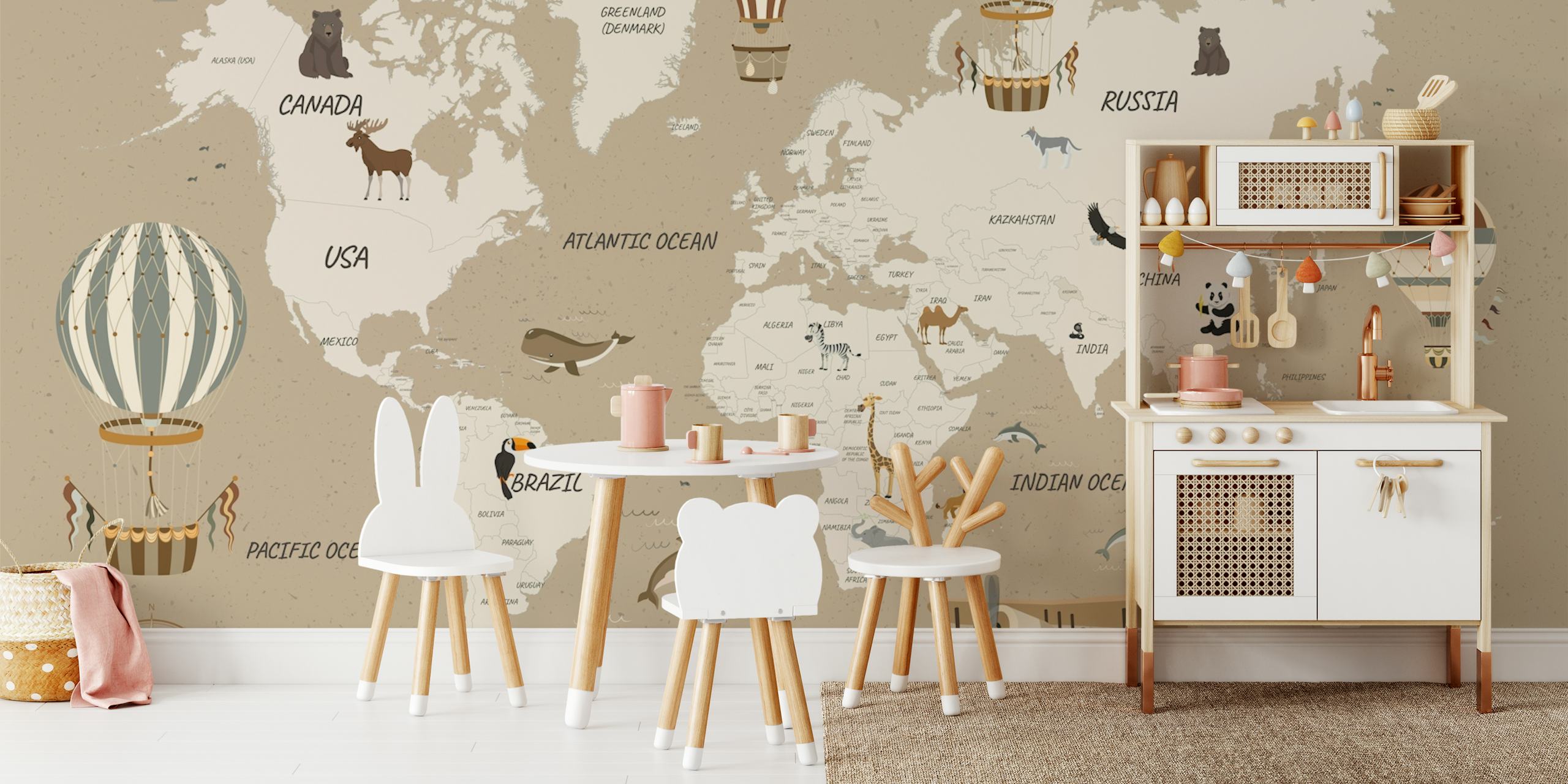 World map in sepia tones with hot air balloons and animals wallpaper